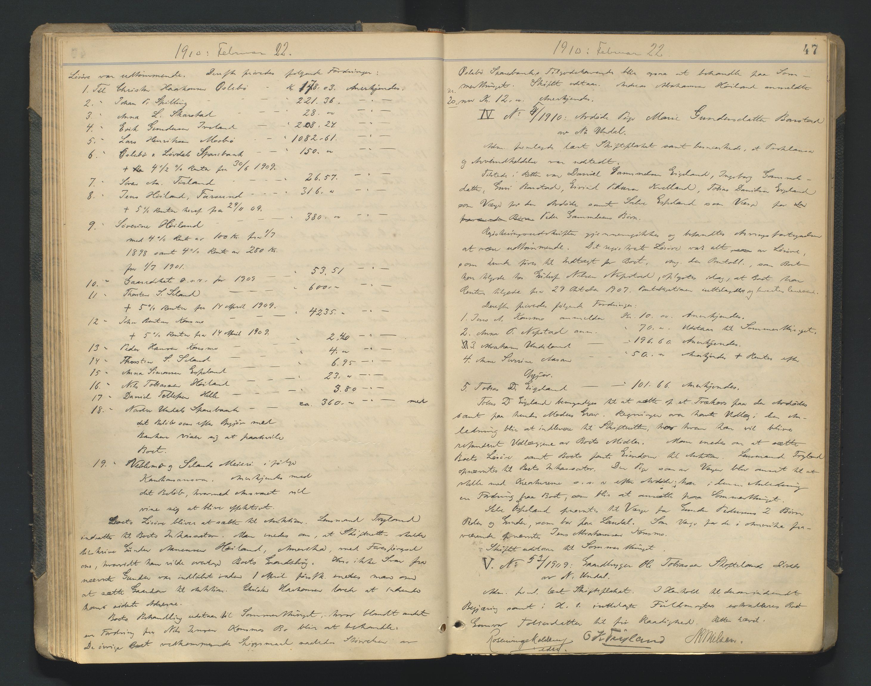 Mandal sorenskriveri, AV/SAK-1221-0005/001/H/Hc/L0081: Skifteforhandlingsprotokoll nr 13, 1909-1913, p. 47