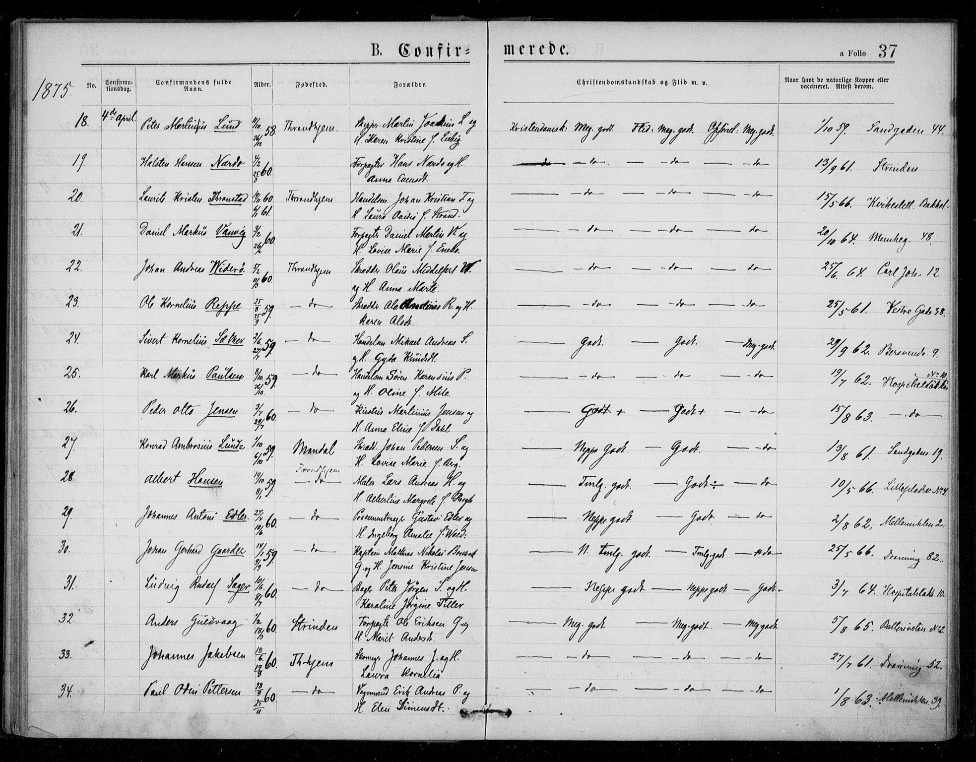 Ministerialprotokoller, klokkerbøker og fødselsregistre - Sør-Trøndelag, SAT/A-1456/602/L0121: Parish register (official) no. 602A19, 1872-1879, p. 37