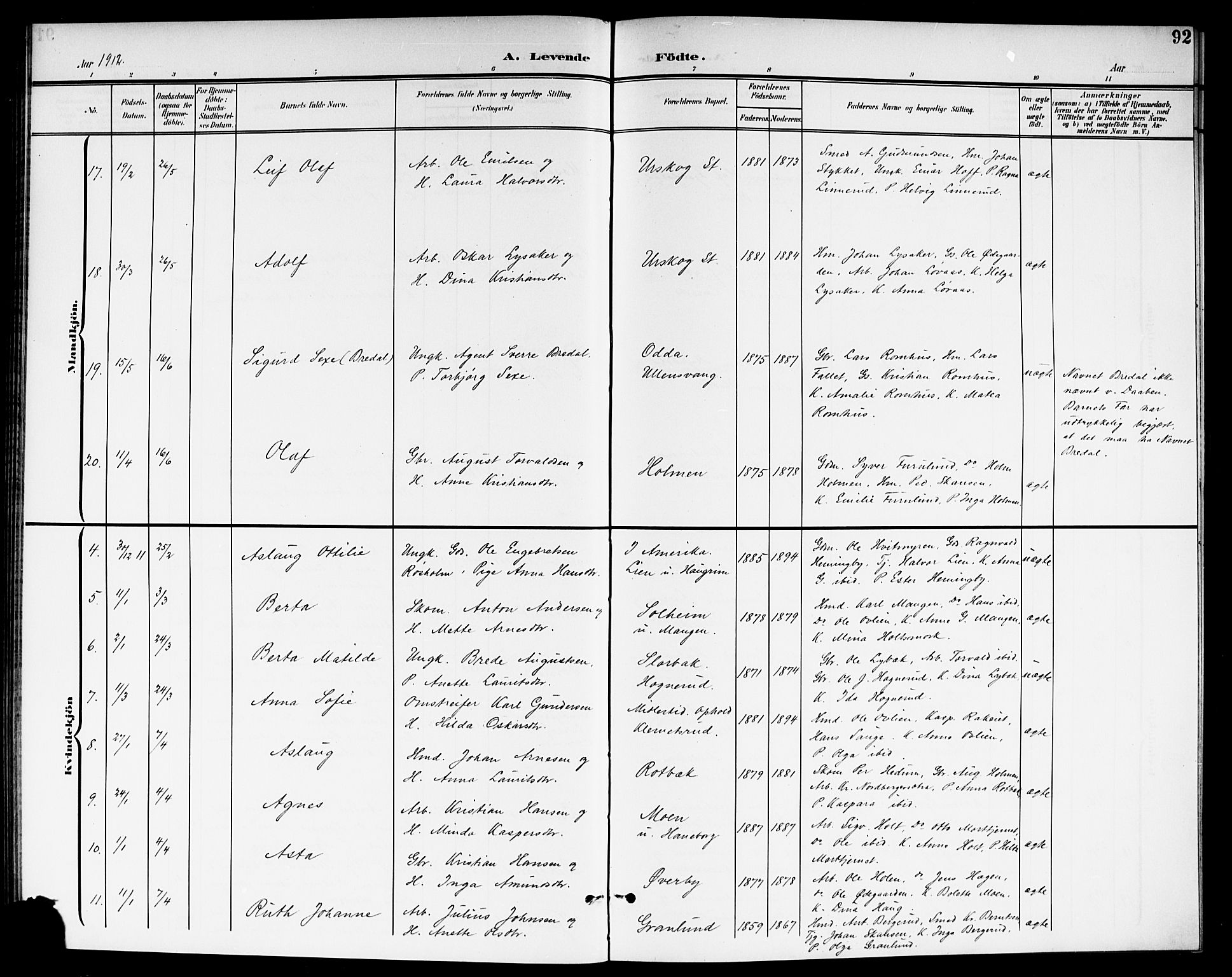 Aurskog prestekontor Kirkebøker, AV/SAO-A-10304a/G/Ga/L0004: Parish register (copy) no. I 4, 1901-1921, p. 92