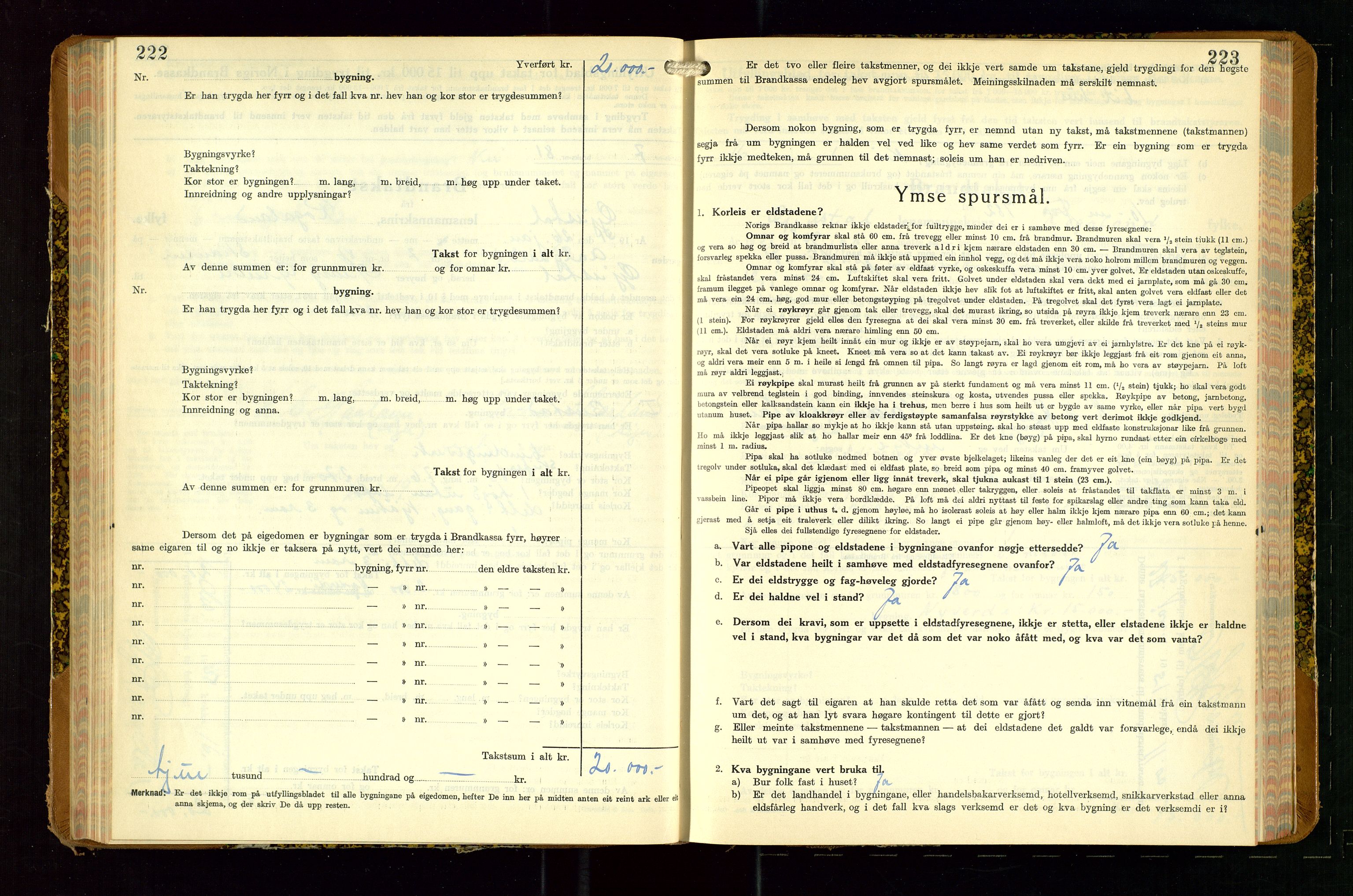 Gjesdal lensmannskontor, AV/SAST-A-100441/Go/L0008: Branntakstskjemaprotokoll, 1937-1955, p. 222-223