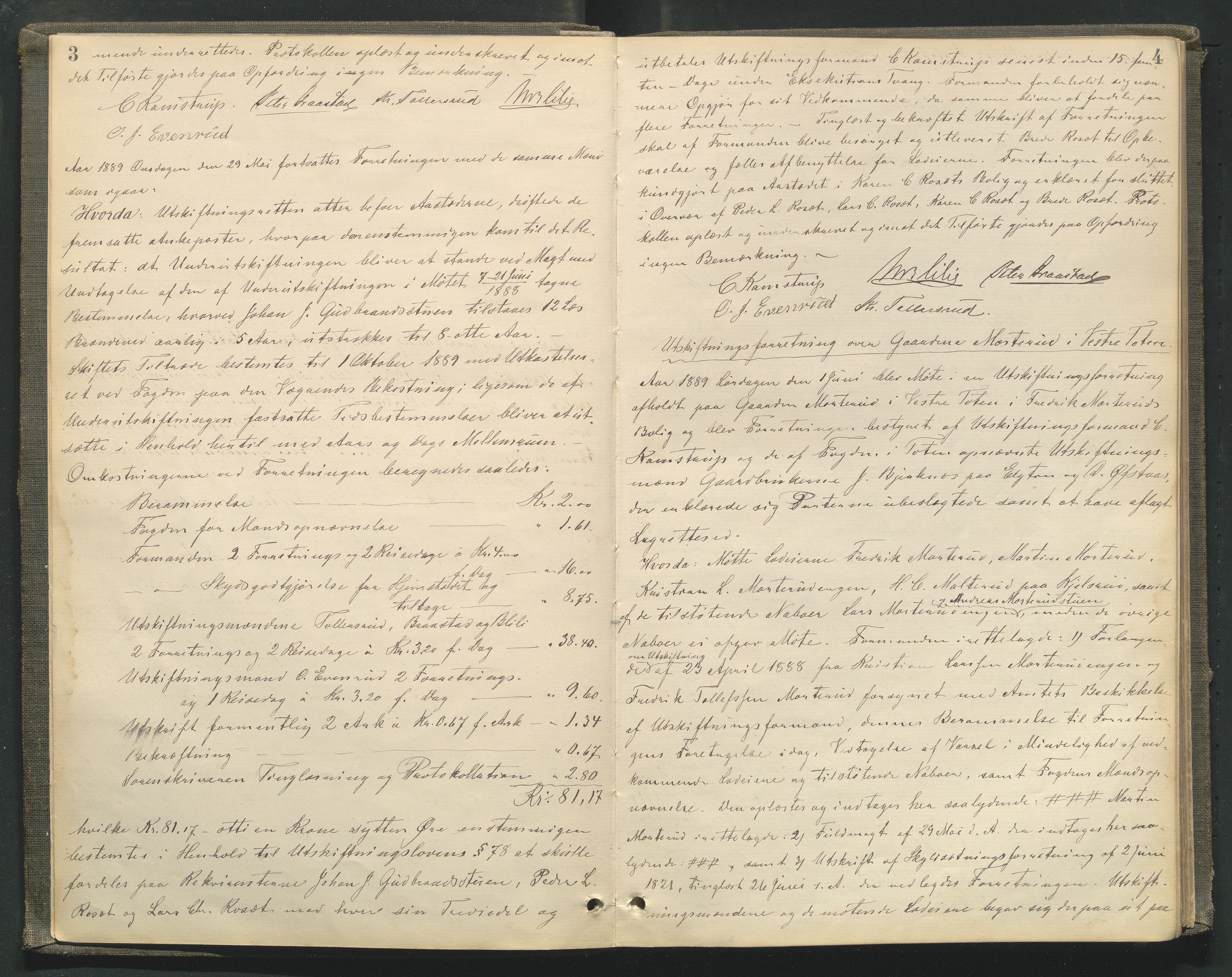 Utskiftningsformannen i Oppland fylke, AV/SAH-JORDSKIFTEO-001/H/Hc/Hcg/L0002/0002: Forhandlingsprotokoller  / Forhandlingsprotokoll - hele Oppland, 1889-1893, p. 3-4