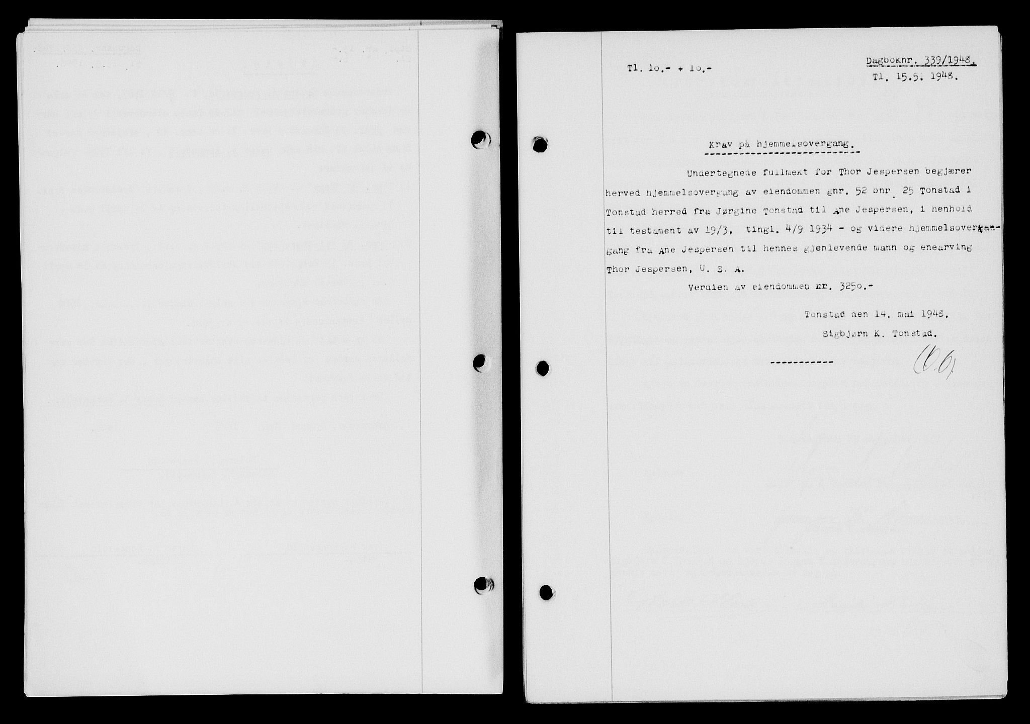 Flekkefjord sorenskriveri, SAK/1221-0001/G/Gb/Gba/L0063: Mortgage book no. A-11, 1947-1948, Diary no: : 339/1948