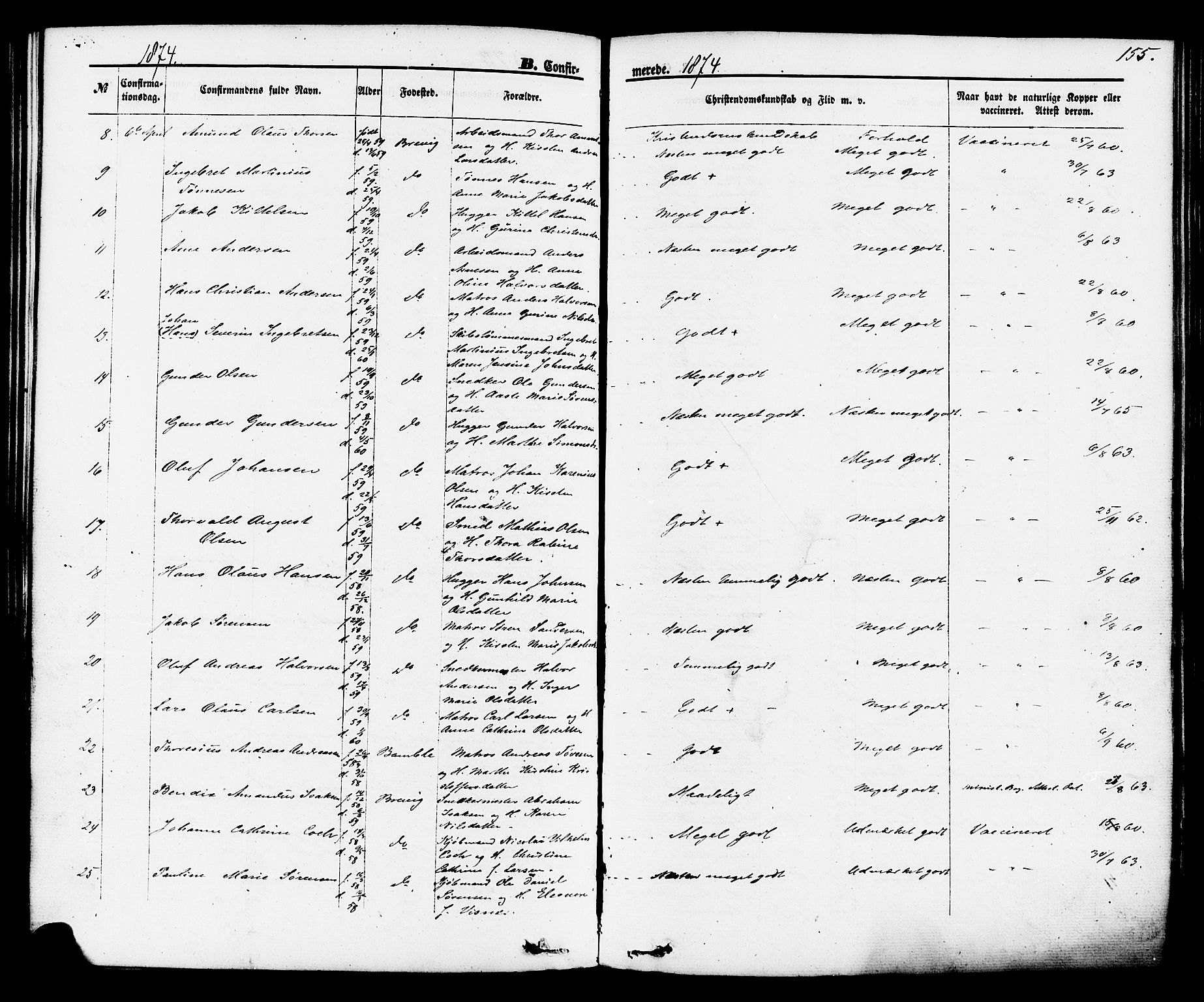 Brevik kirkebøker, SAKO/A-255/F/Fa/L0006: Parish register (official) no. 6, 1866-1881, p. 155