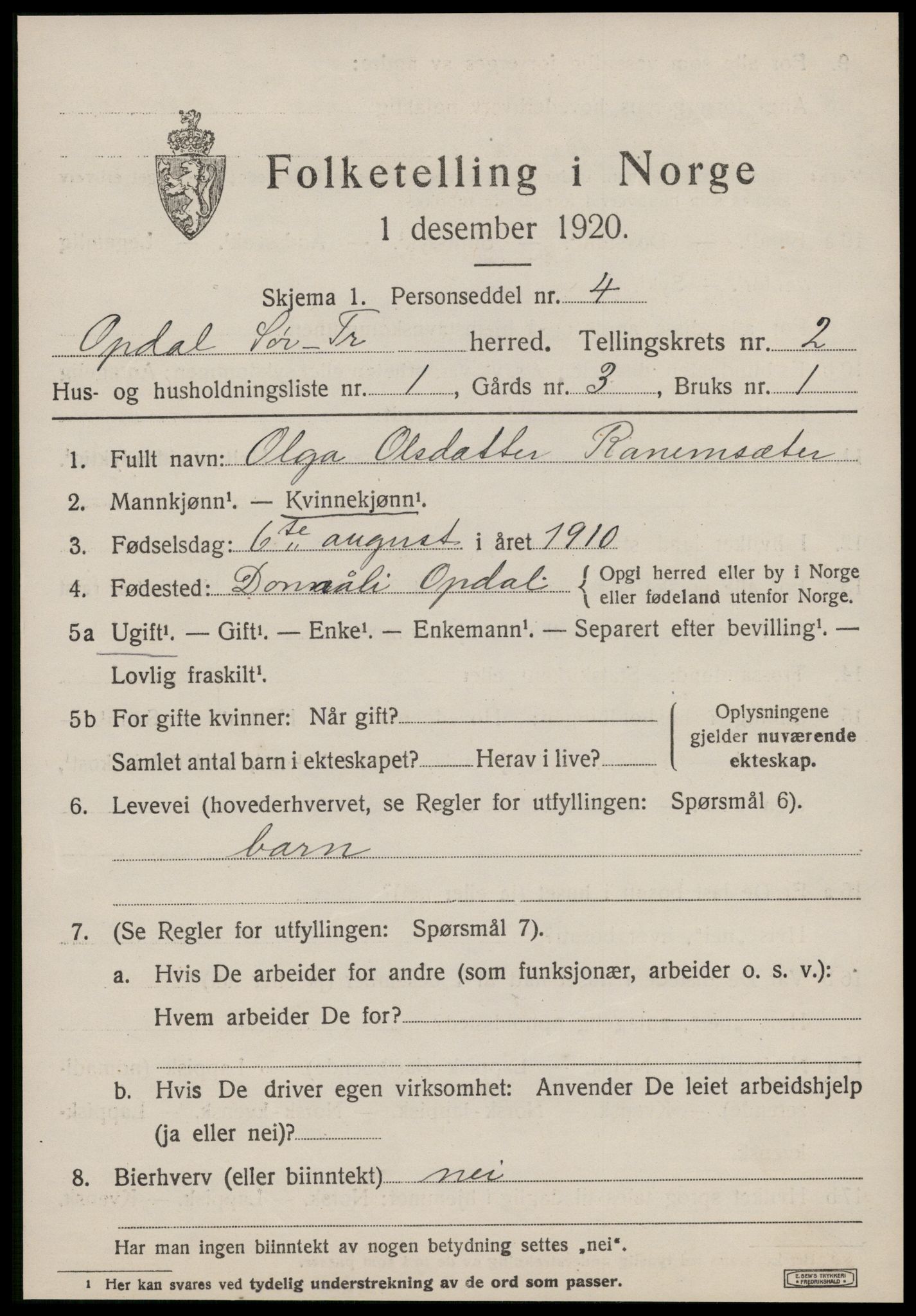 SAT, 1920 census for Oppdal, 1920, p. 2403