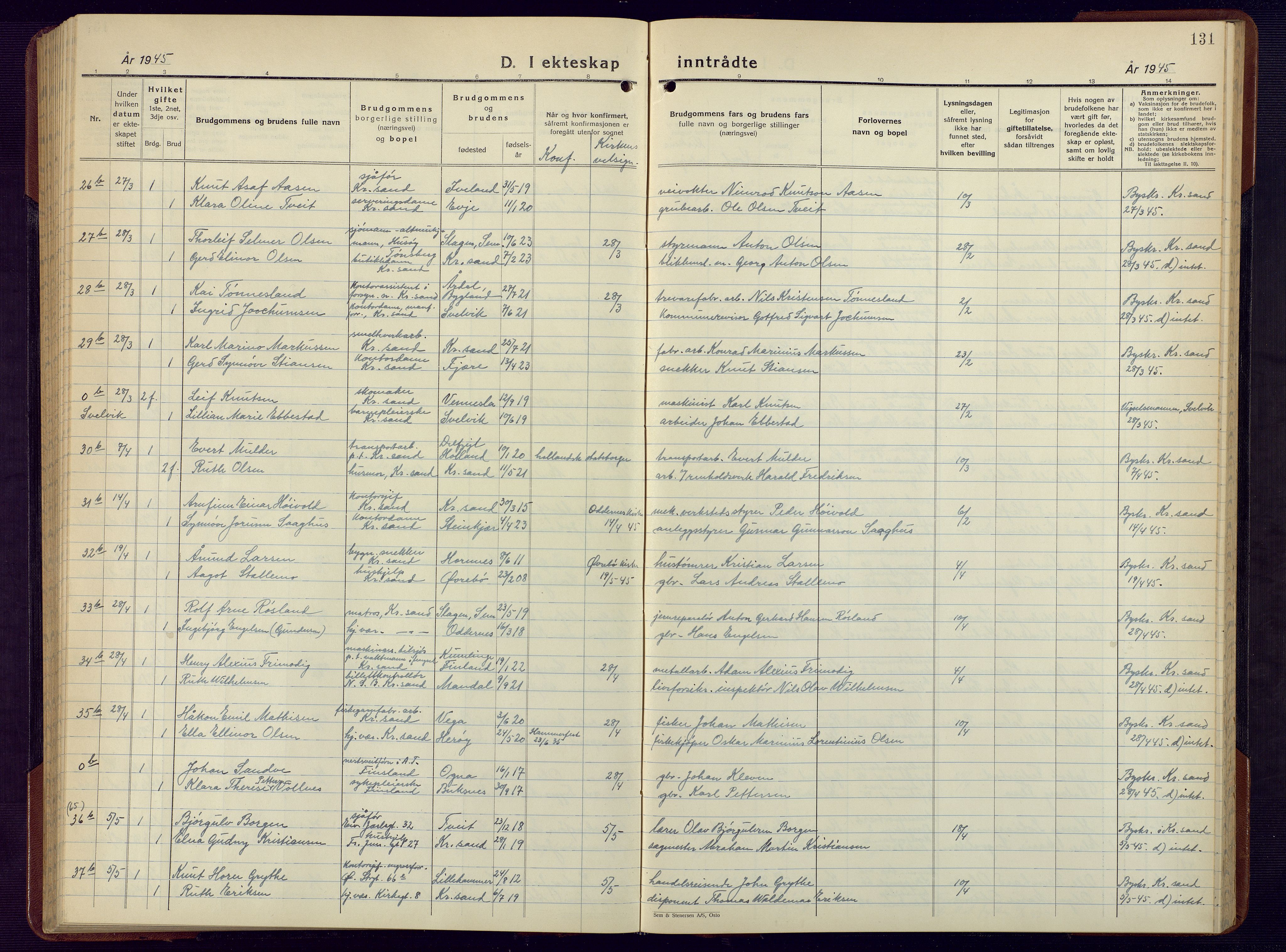 Kristiansand domprosti, AV/SAK-1112-0006/F/Fb/L0029: Parish register (copy) no. B 29, 1937-1945, p. 131