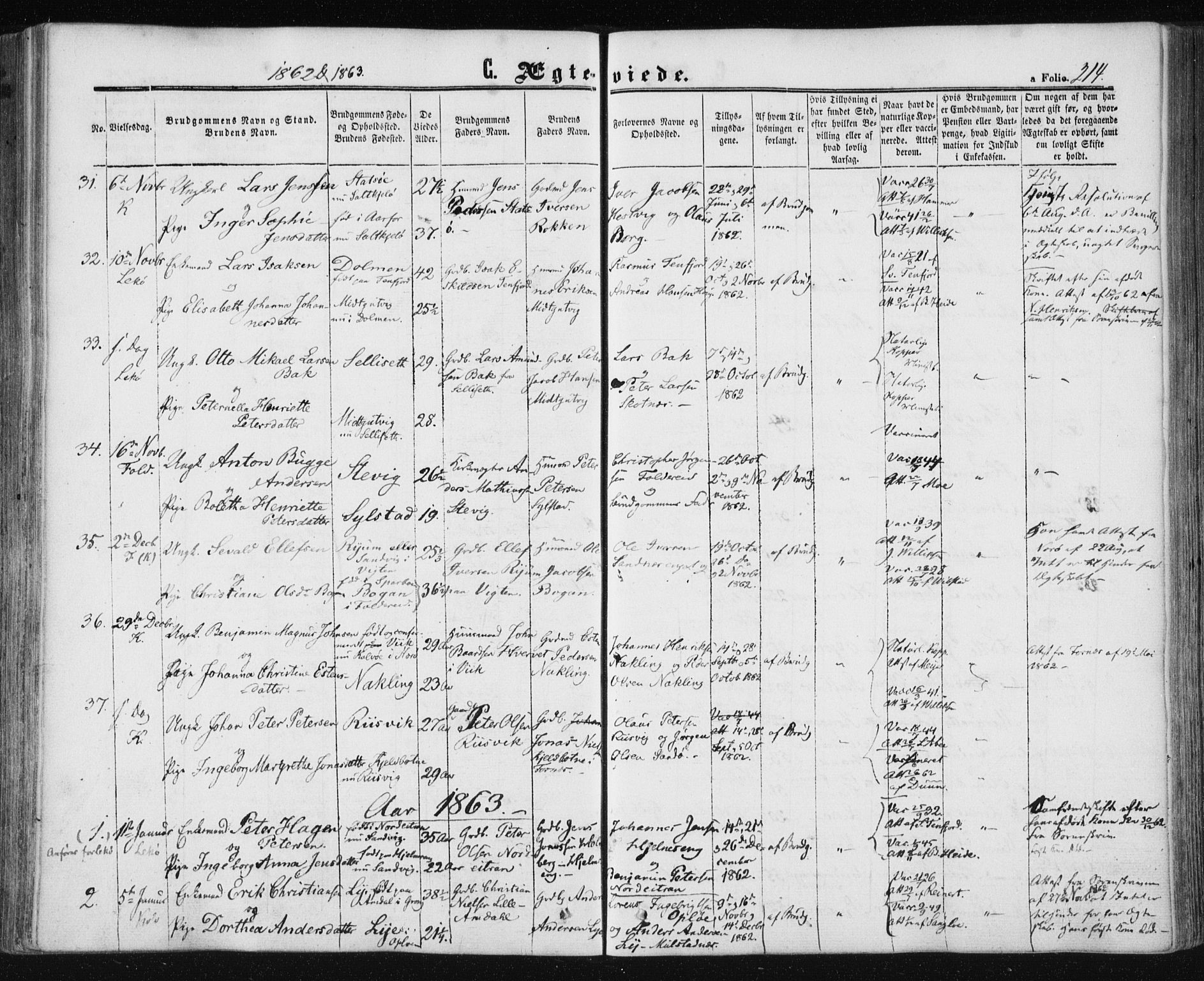 Ministerialprotokoller, klokkerbøker og fødselsregistre - Nord-Trøndelag, AV/SAT-A-1458/780/L0641: Parish register (official) no. 780A06, 1857-1874, p. 214