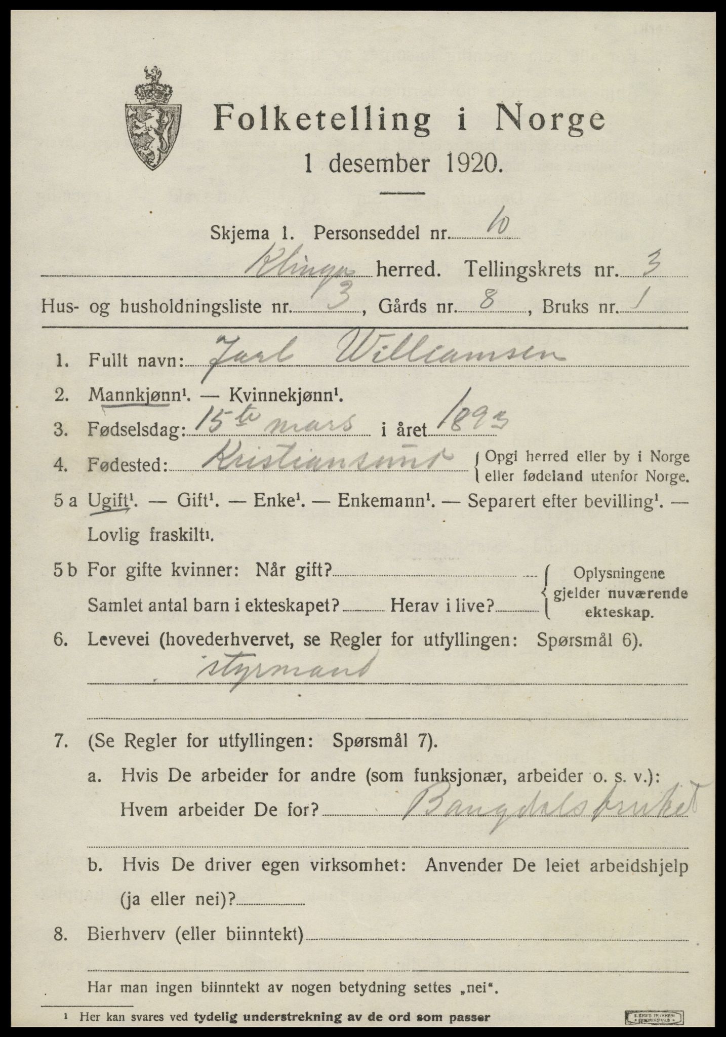 SAT, 1920 census for Klinga, 1920, p. 2103