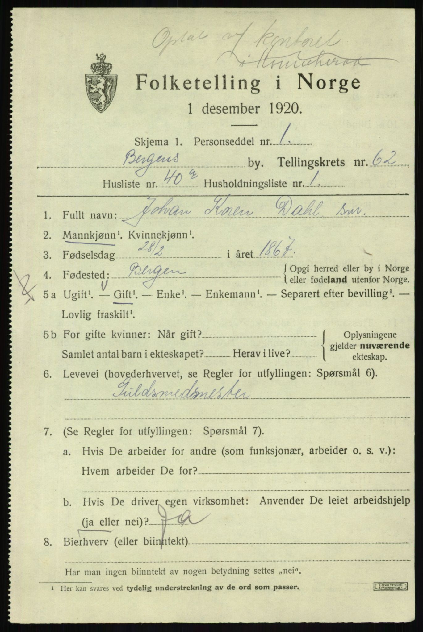 SAB, 1920 census for Bergen, 1920, p. 131590