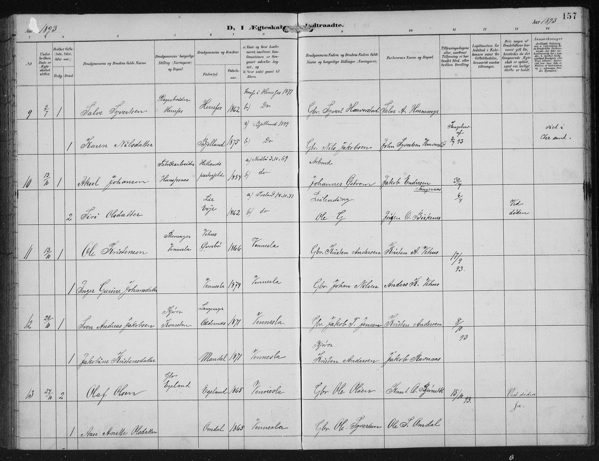 Vennesla sokneprestkontor, SAK/1111-0045/Fb/Fbb/L0004: Parish register (copy) no. B 4, 1893-1902, p. 157