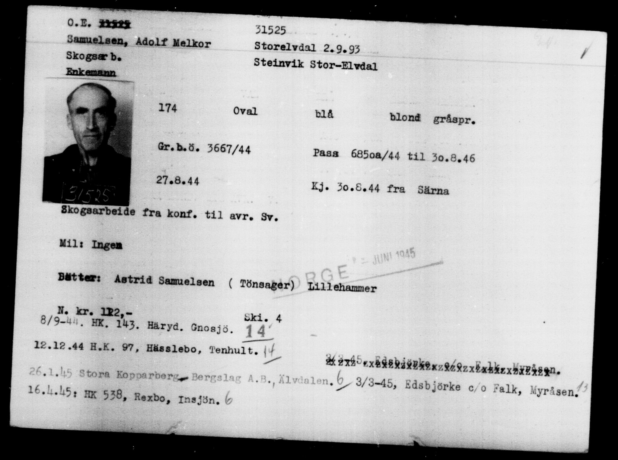 Utenriksstasjonene, Legasjonen i Stockholm, Flyktningkontoret, AV/RA-S-6753/V/Va/L0013: Kjesäterkartoteket, flyktninger med registreringsnr. 31500-34731, 1940-1945, p. 28