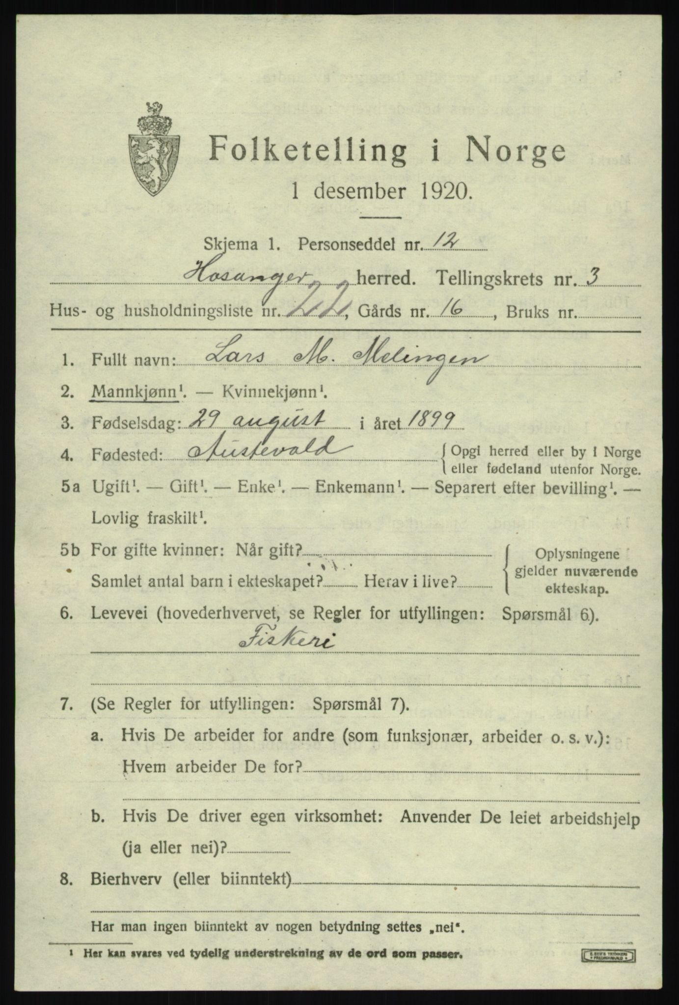 SAB, 1920 census for Hosanger, 1920, p. 1895