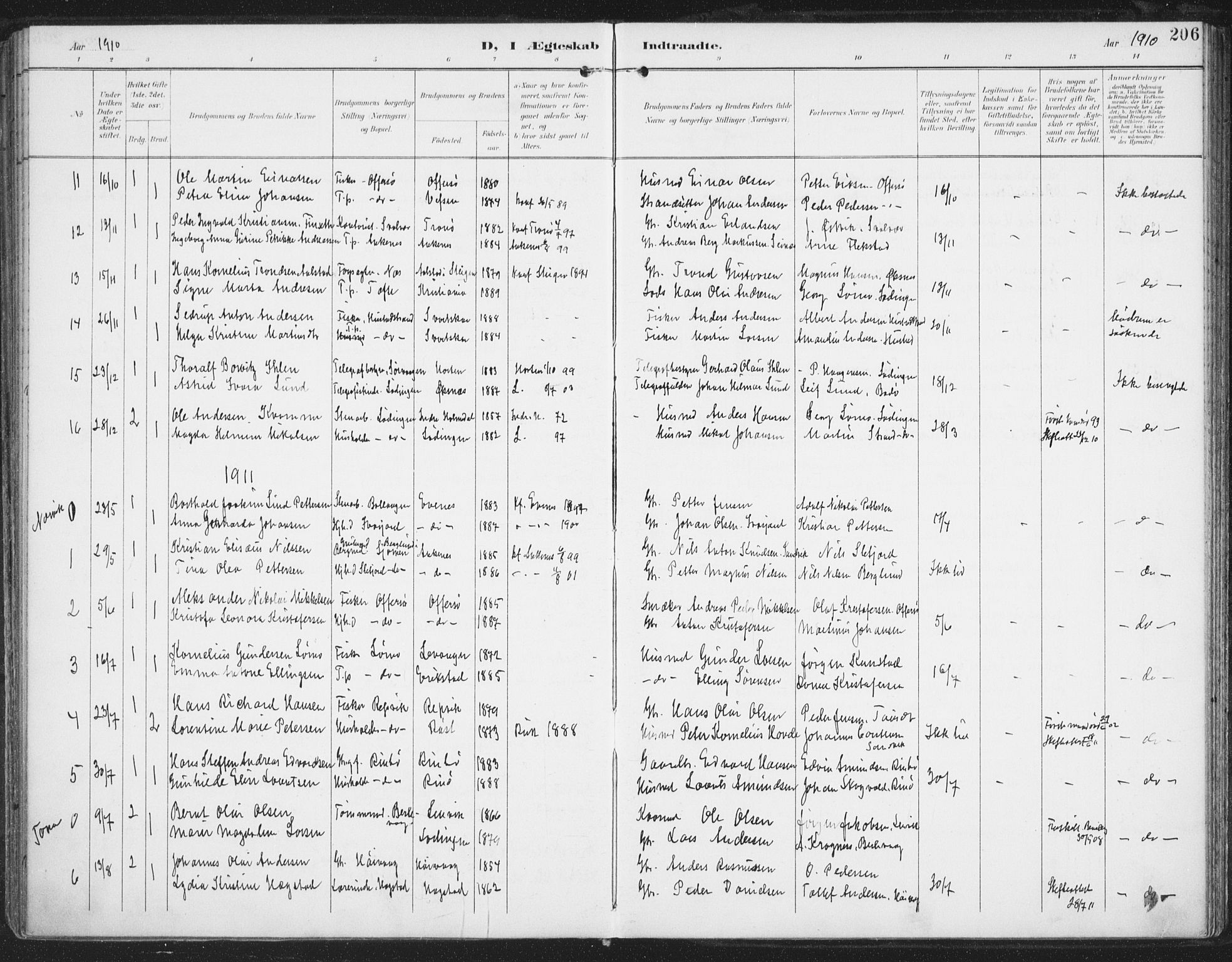 Ministerialprotokoller, klokkerbøker og fødselsregistre - Nordland, SAT/A-1459/872/L1036: Parish register (official) no. 872A11, 1897-1913, p. 206