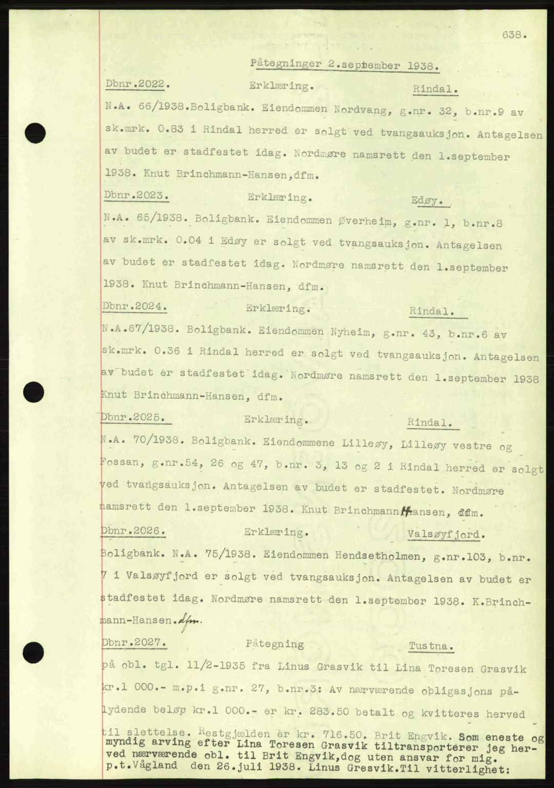 Nordmøre sorenskriveri, AV/SAT-A-4132/1/2/2Ca: Mortgage book no. C80, 1936-1939, Diary no: : 2022/1938