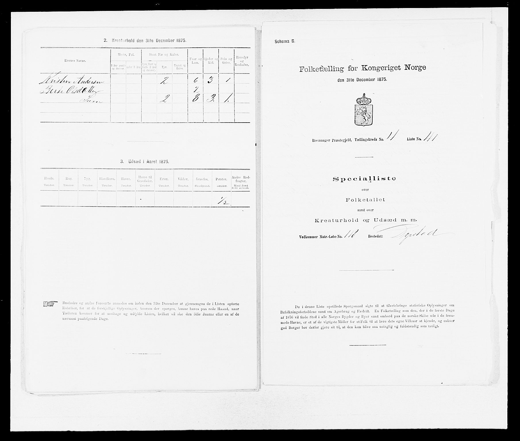 SAB, 1875 Census for 1438P Bremanger, 1875, p. 599