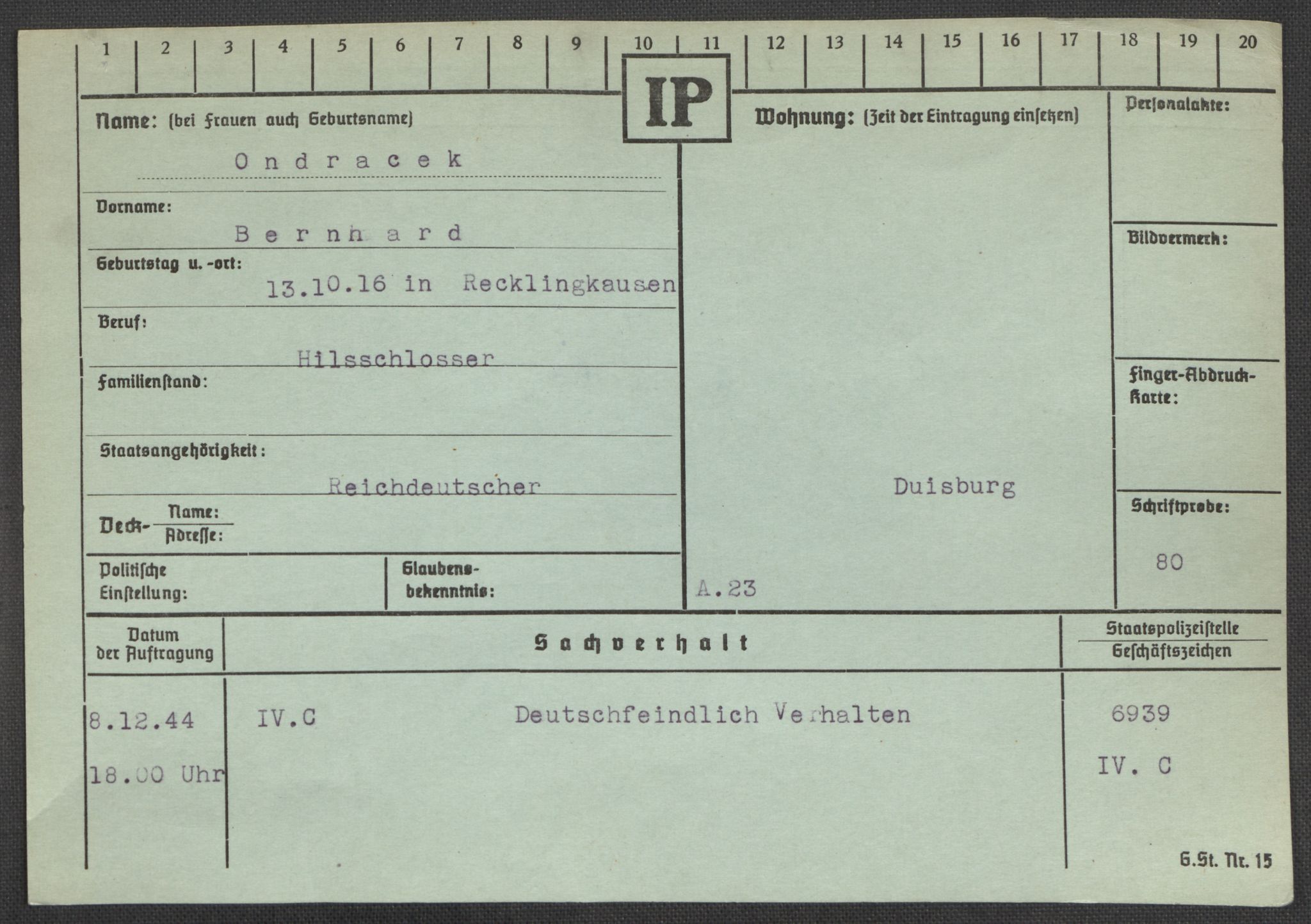 Befehlshaber der Sicherheitspolizei und des SD, AV/RA-RAFA-5969/E/Ea/Eaa/L0008: Register over norske fanger i Møllergata 19: Oelze-Ru, 1940-1945, p. 446