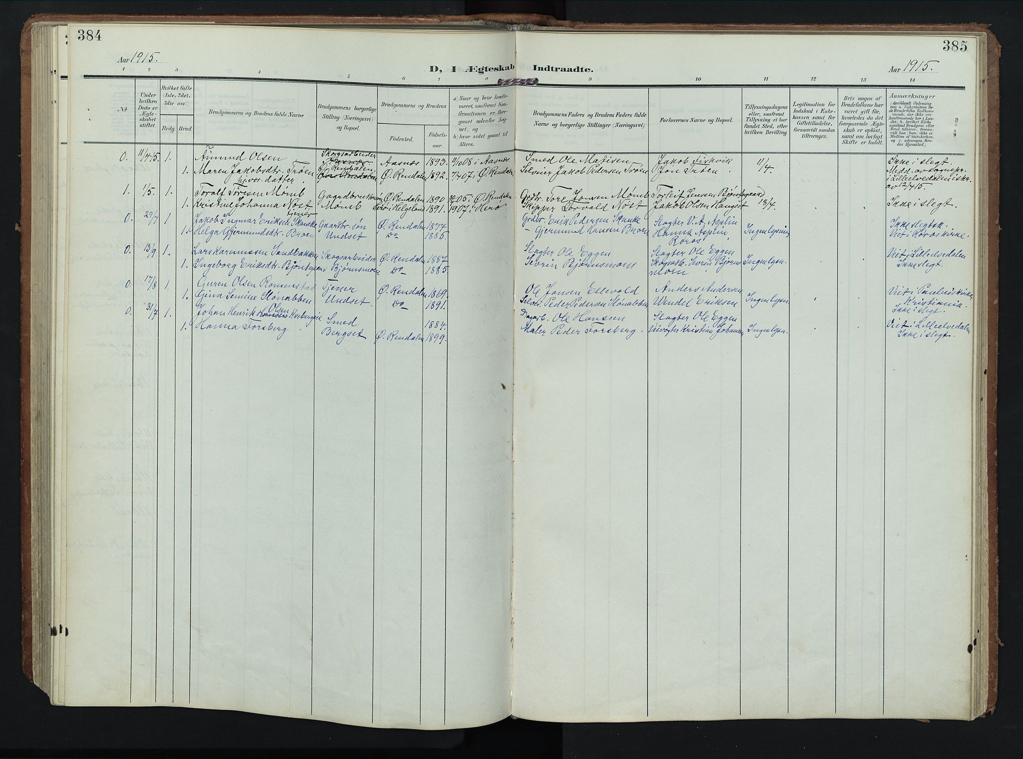 Rendalen prestekontor, SAH/PREST-054/H/Ha/Hab/L0004: Parish register (copy) no. 4, 1904-1946, p. 384-385