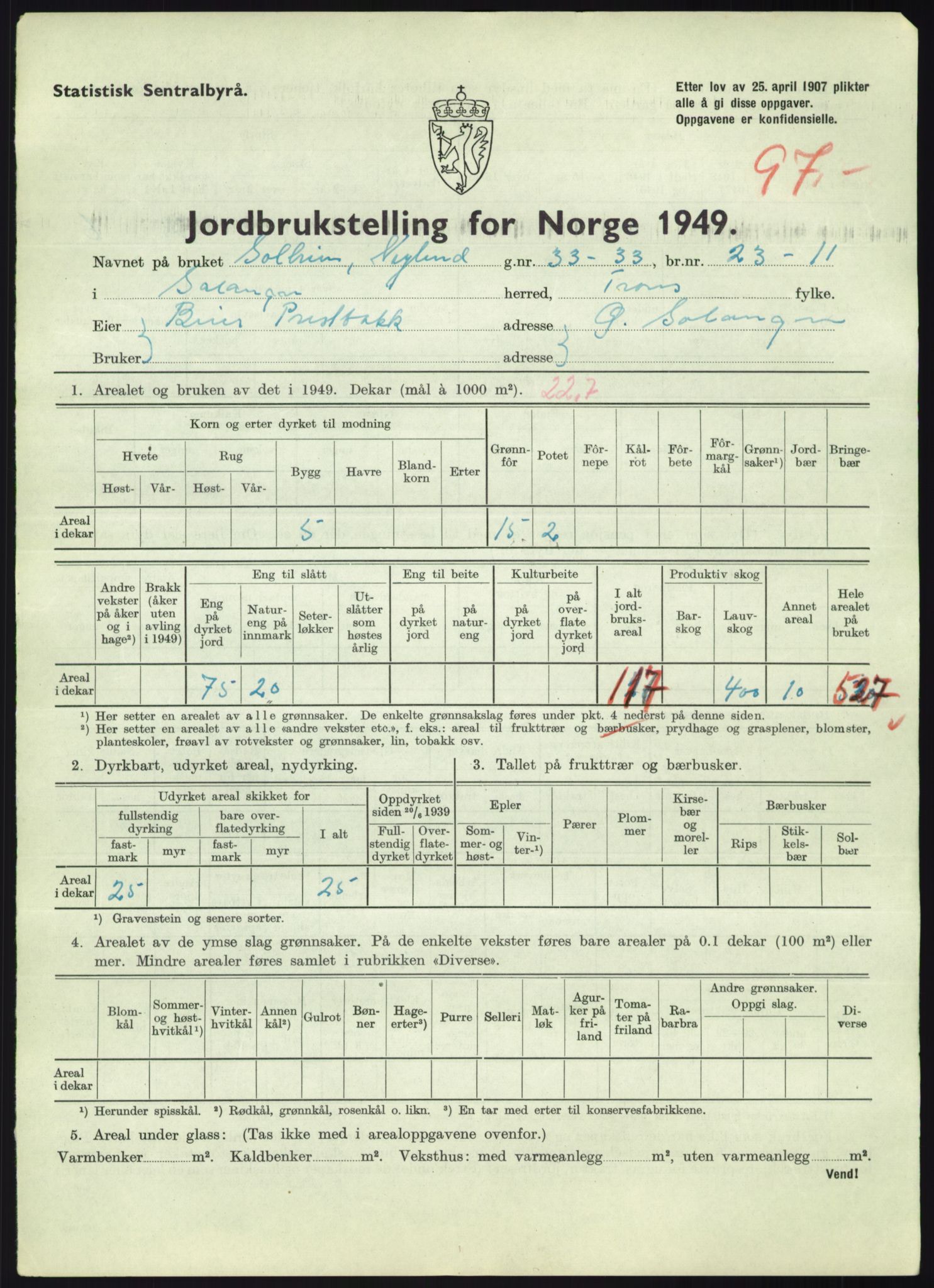 Statistisk sentralbyrå, Næringsøkonomiske emner, Jordbruk, skogbruk, jakt, fiske og fangst, AV/RA-S-2234/G/Gc/L0438: Troms: Salangen og Bardu, 1949, p. 900