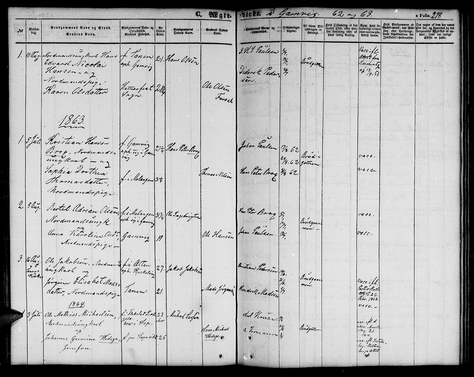 Tana sokneprestkontor, SATØ/S-1334/H/Hb/L0001klokker: Parish register (copy) no. 1 /2, 1862-1867, p. 218