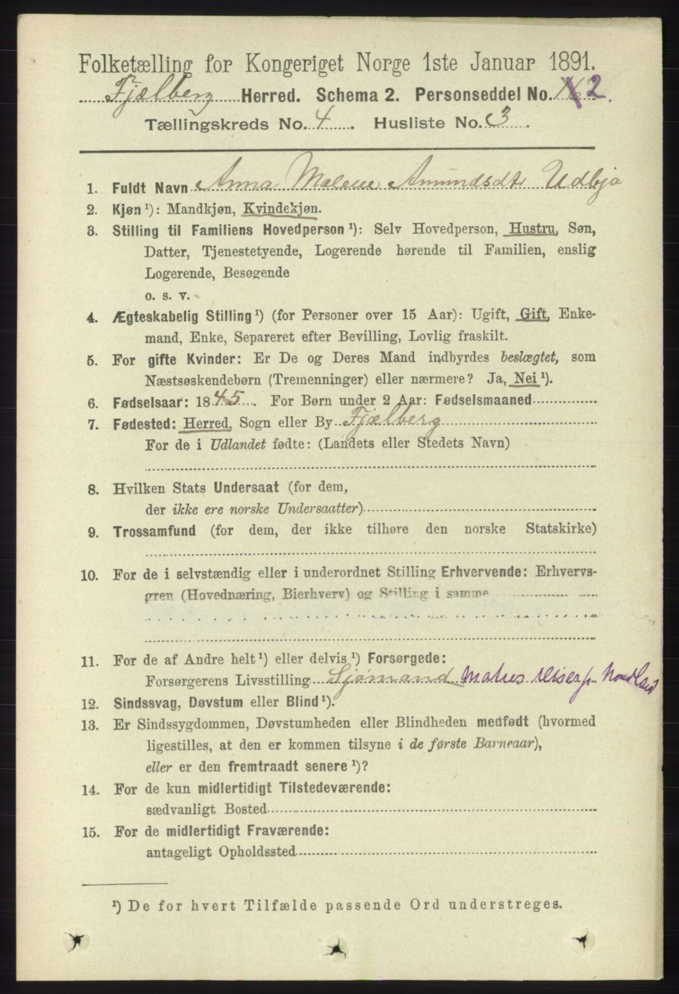 RA, 1891 census for 1213 Fjelberg, 1891, p. 1186