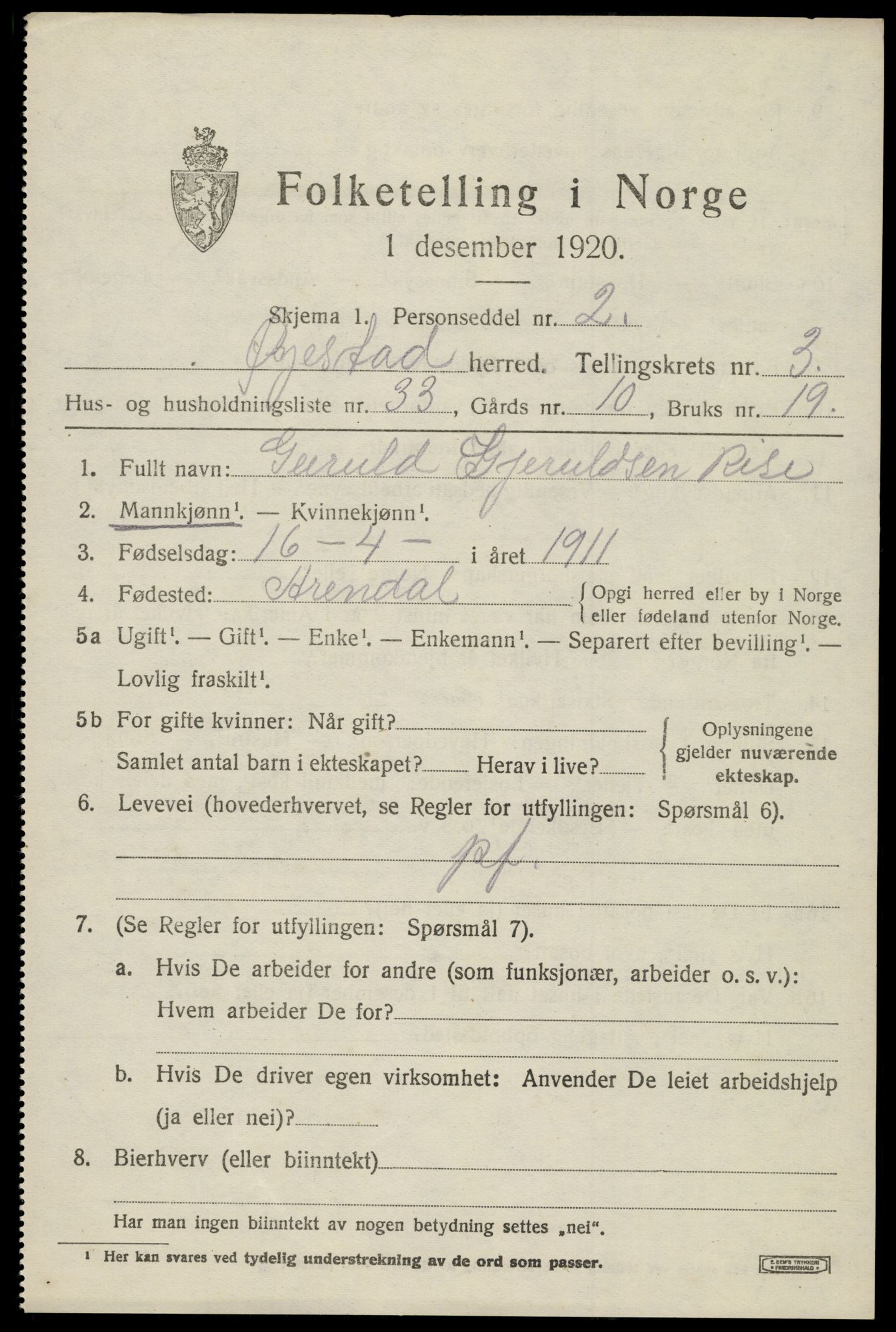 SAK, 1920 census for Øyestad, 1920, p. 3026