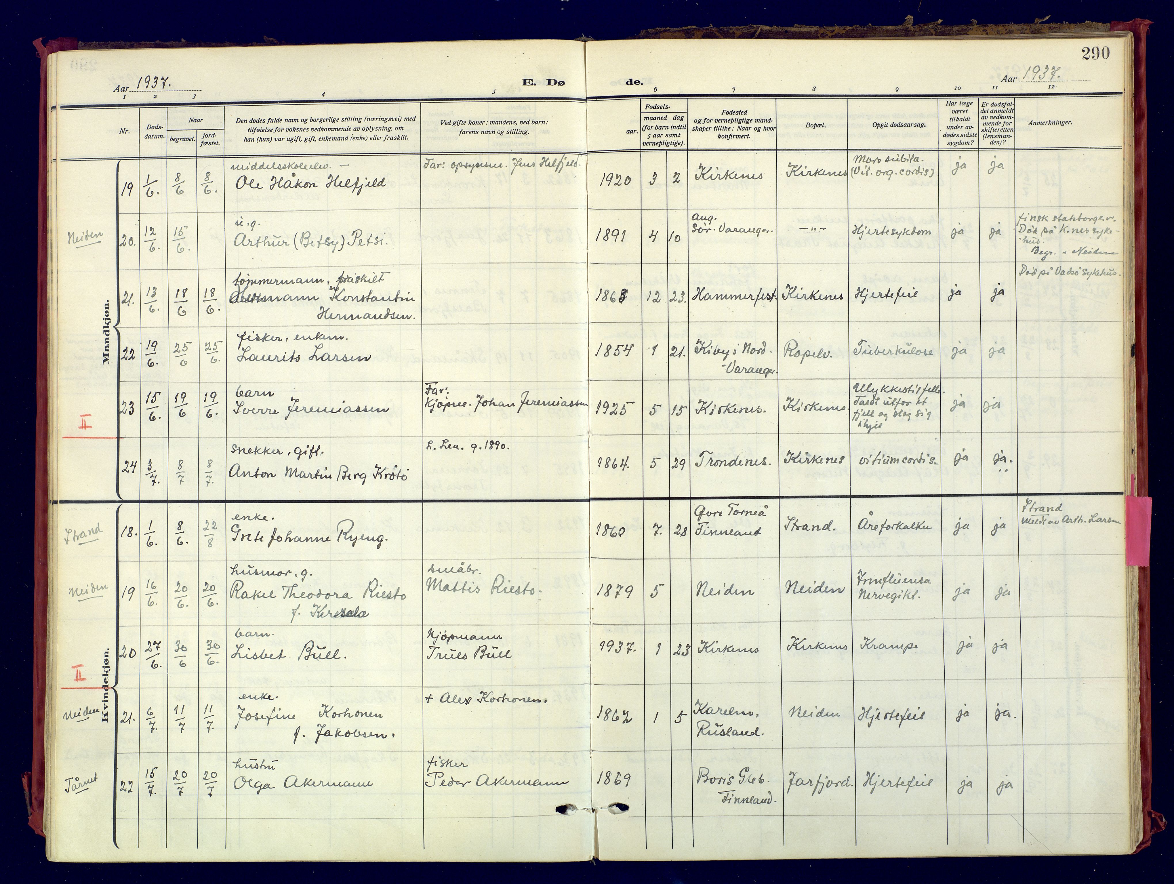 Sør-Varanger sokneprestkontor, AV/SATØ-S-1331/H/Ha/L0007kirke: Parish register (official) no. 7, 1927-1937, p. 290