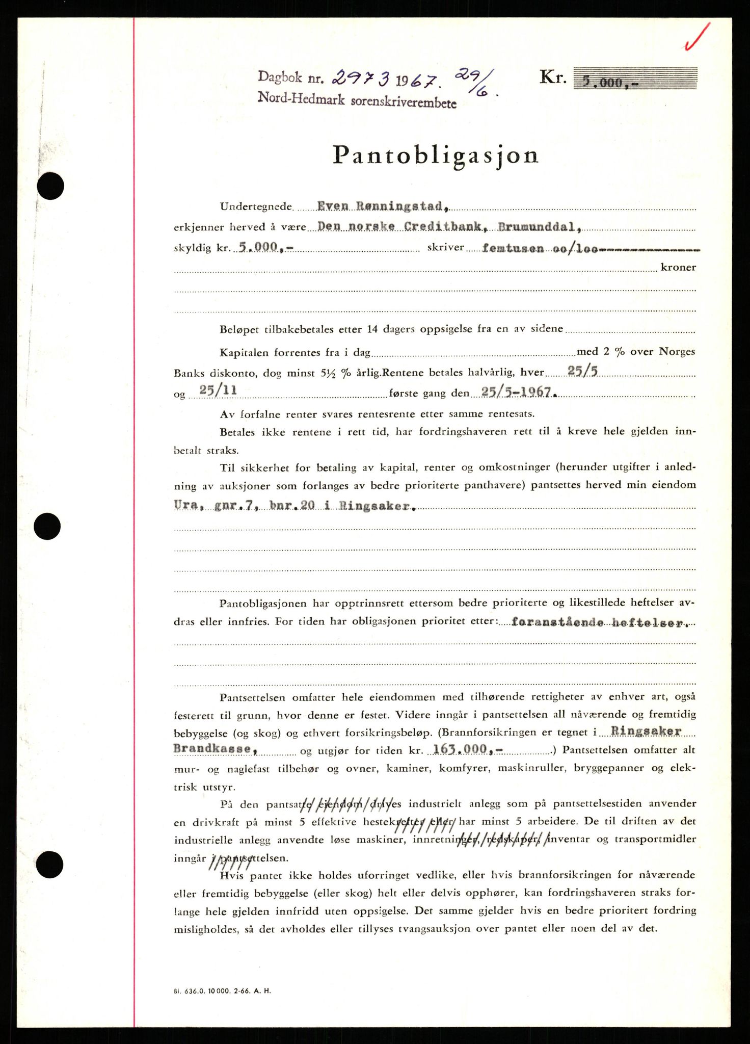 Nord-Hedmark sorenskriveri, SAH/TING-012/H/Hb/Hbf/L0071: Mortgage book no. B71, 1967-1967, Diary no: : 2973/1967
