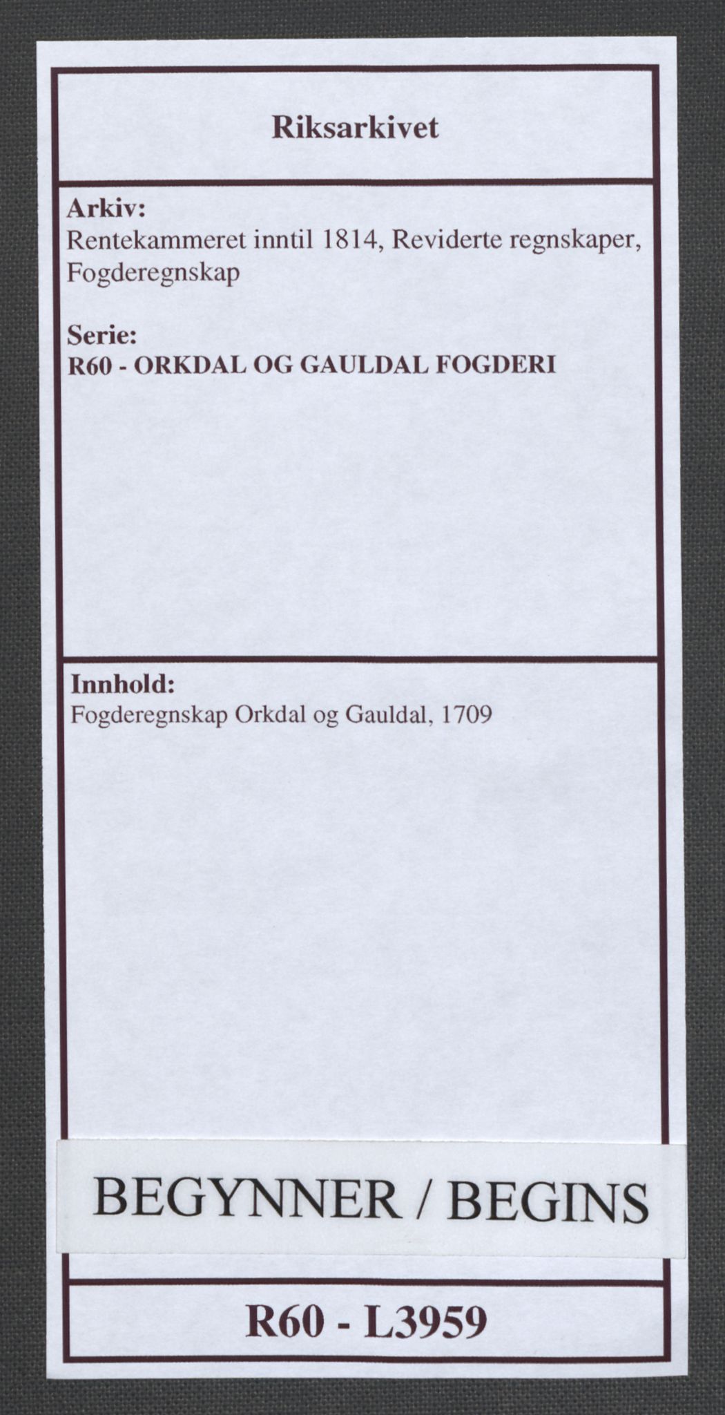 Rentekammeret inntil 1814, Reviderte regnskaper, Fogderegnskap, AV/RA-EA-4092/R60/L3959: Fogderegnskap Orkdal og Gauldal, 1709, p. 1