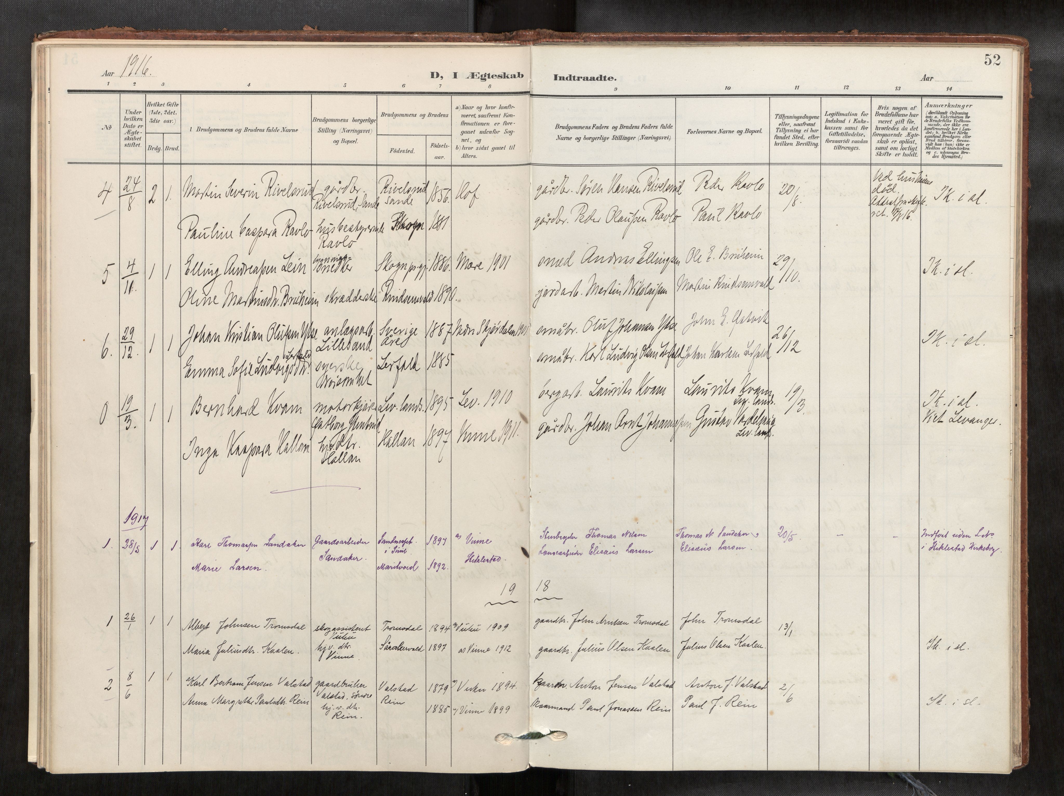 Verdal sokneprestkontor, SAT/A-1156/2/H/Haa/L0003: Parish register (official) no. 3, 1907-1921, p. 52