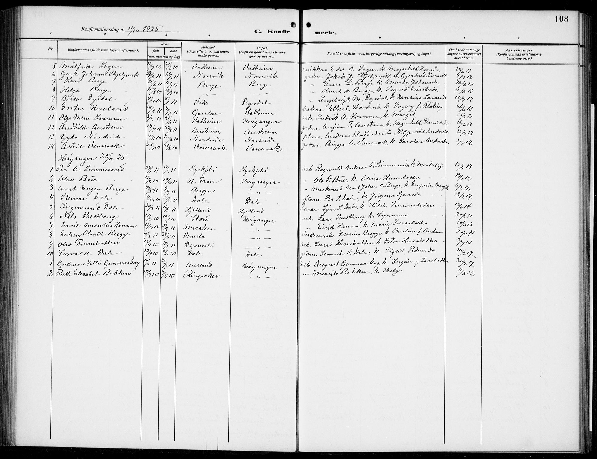 Lavik sokneprestembete, AV/SAB-A-80901: Parish register (copy) no. B 4, 1914-1937, p. 108
