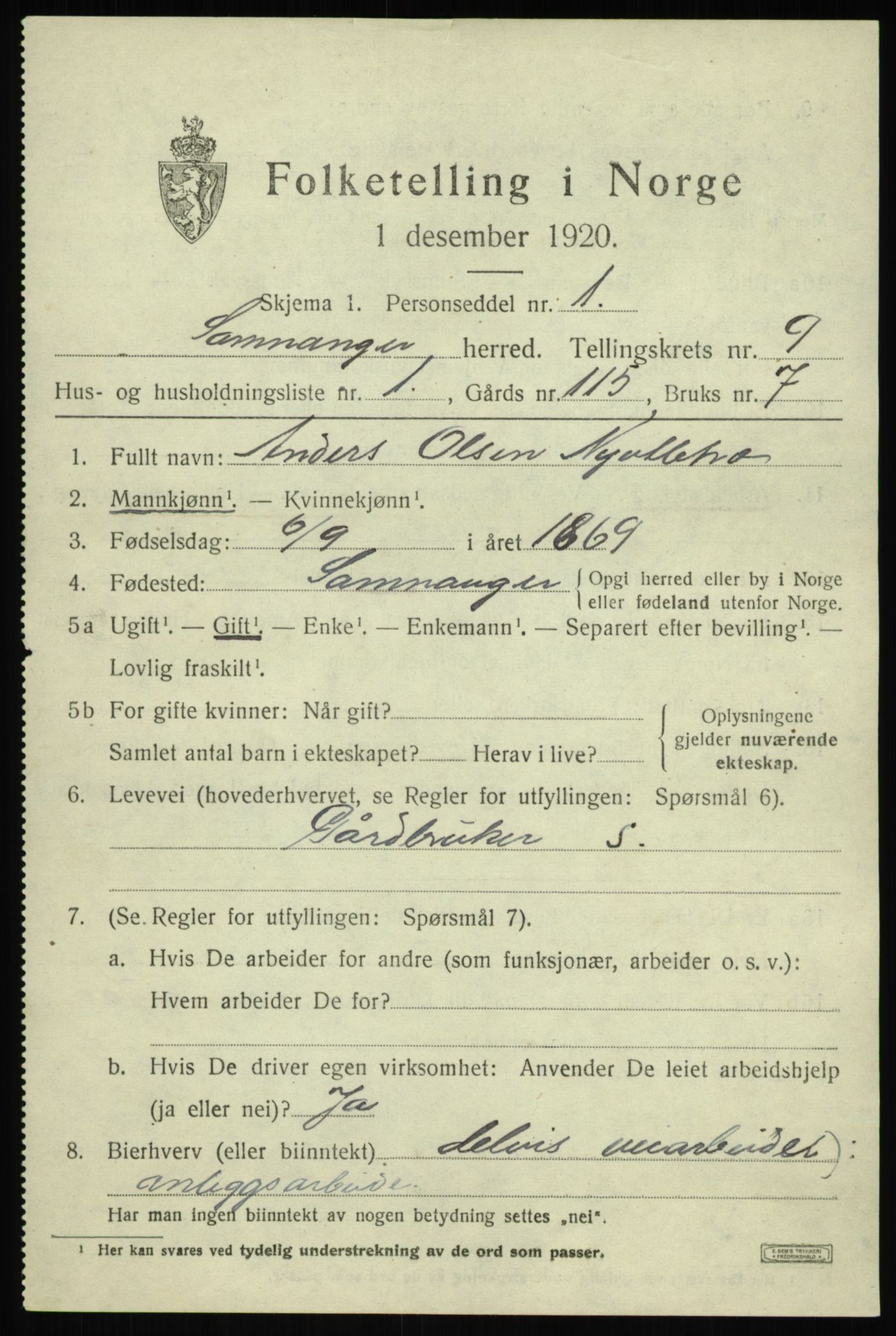 SAB, 1920 census for Samnanger, 1920, p. 3857