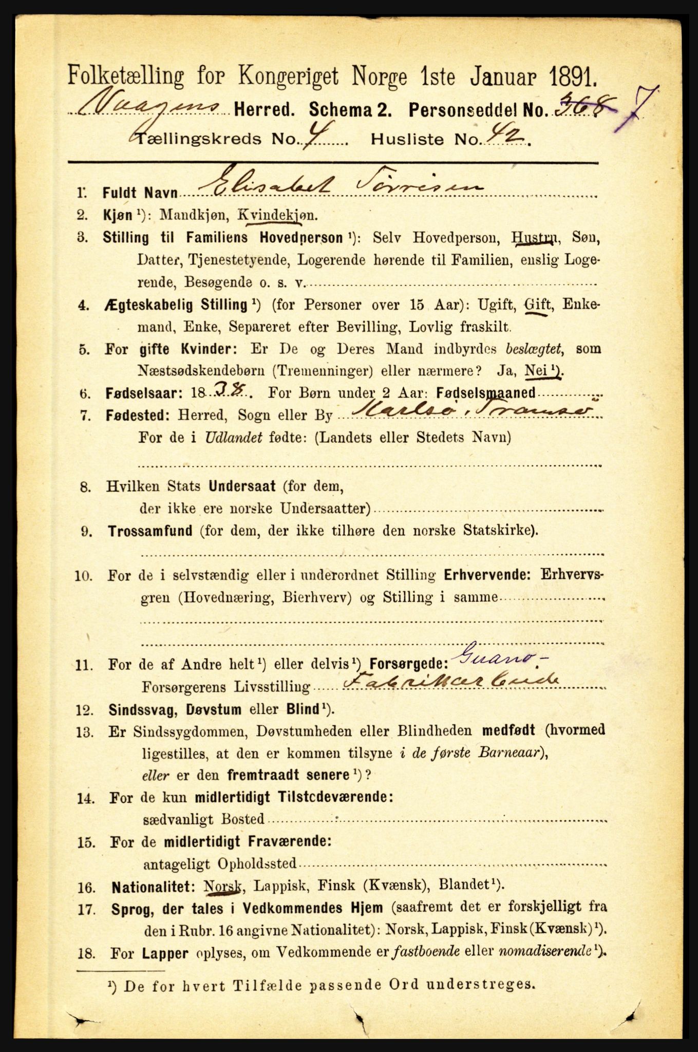 RA, 1891 census for 1865 Vågan, 1891, p. 1308