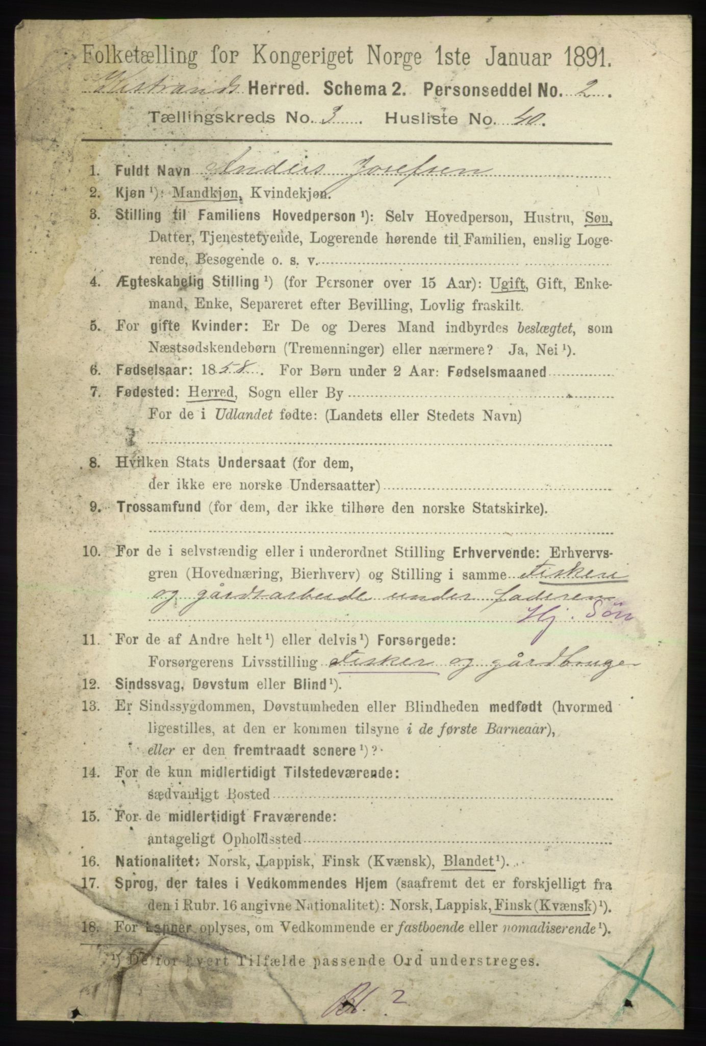 RA, 1891 census for 2020 Kistrand, 1891, p. 1506