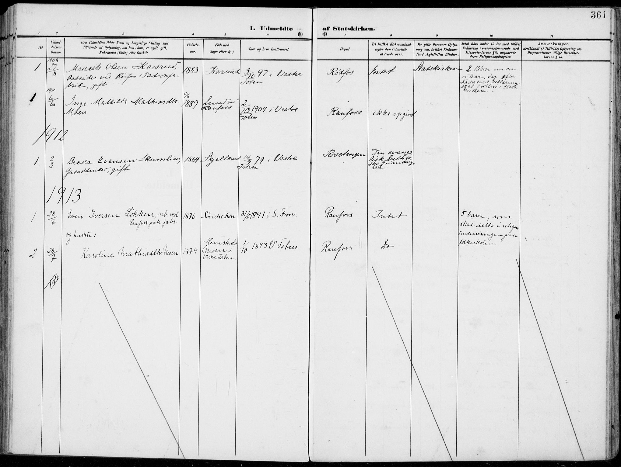 Vestre Toten prestekontor, SAH/PREST-108/H/Ha/Haa/L0014: Parish register (official) no. 14, 1907-1920, p. 361