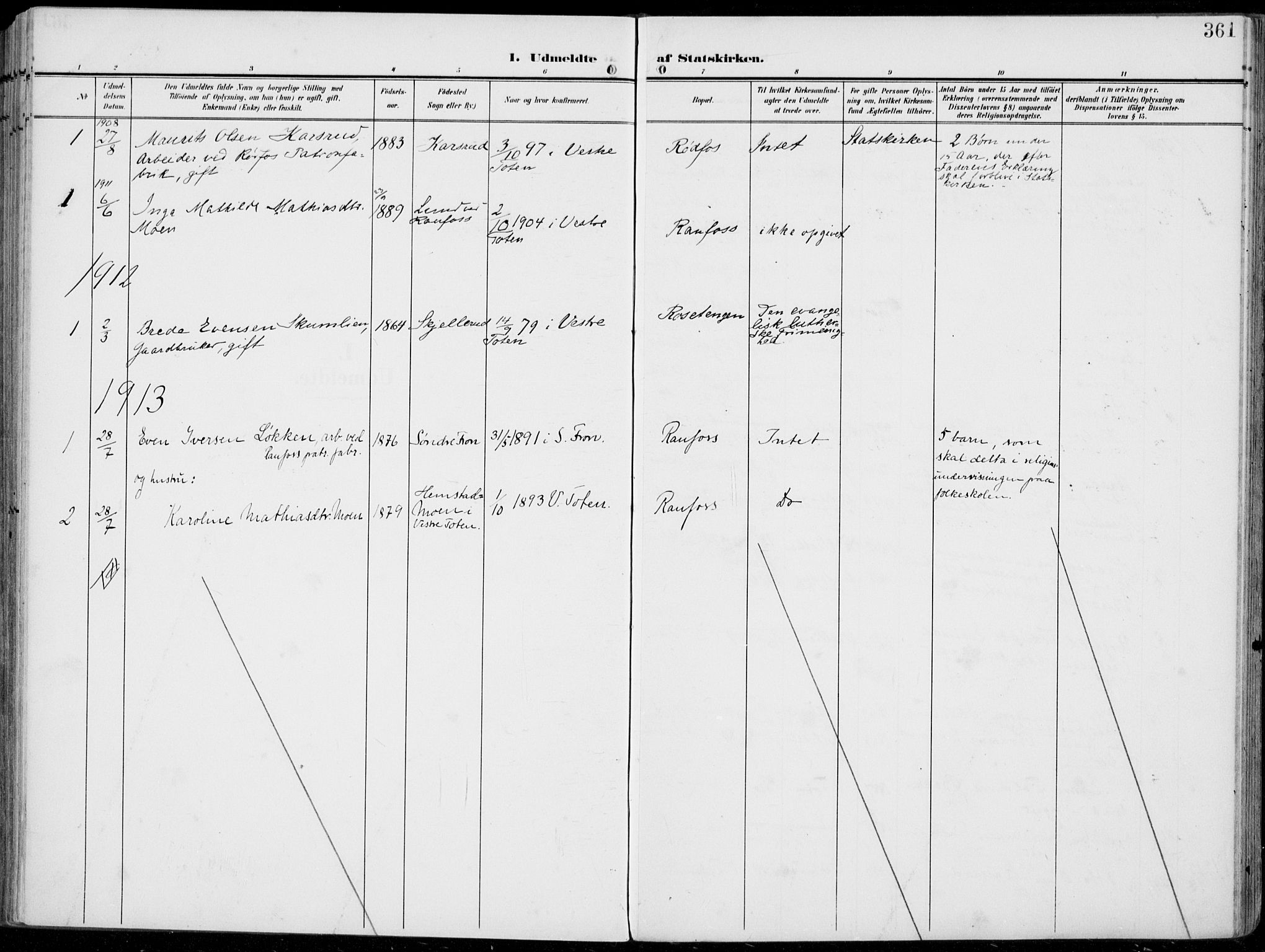 Vestre Toten prestekontor, AV/SAH-PREST-108/H/Ha/Haa/L0014: Parish register (official) no. 14, 1907-1920, p. 361