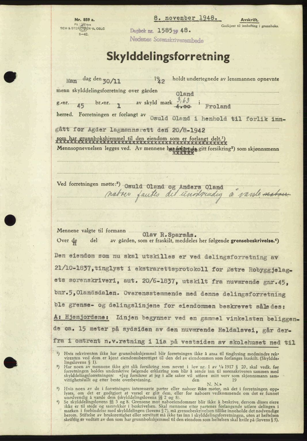 Nedenes sorenskriveri, SAK/1221-0006/G/Gb/Gba/L0059: Mortgage book no. A11, 1948-1948, Diary no: : 1585/1948