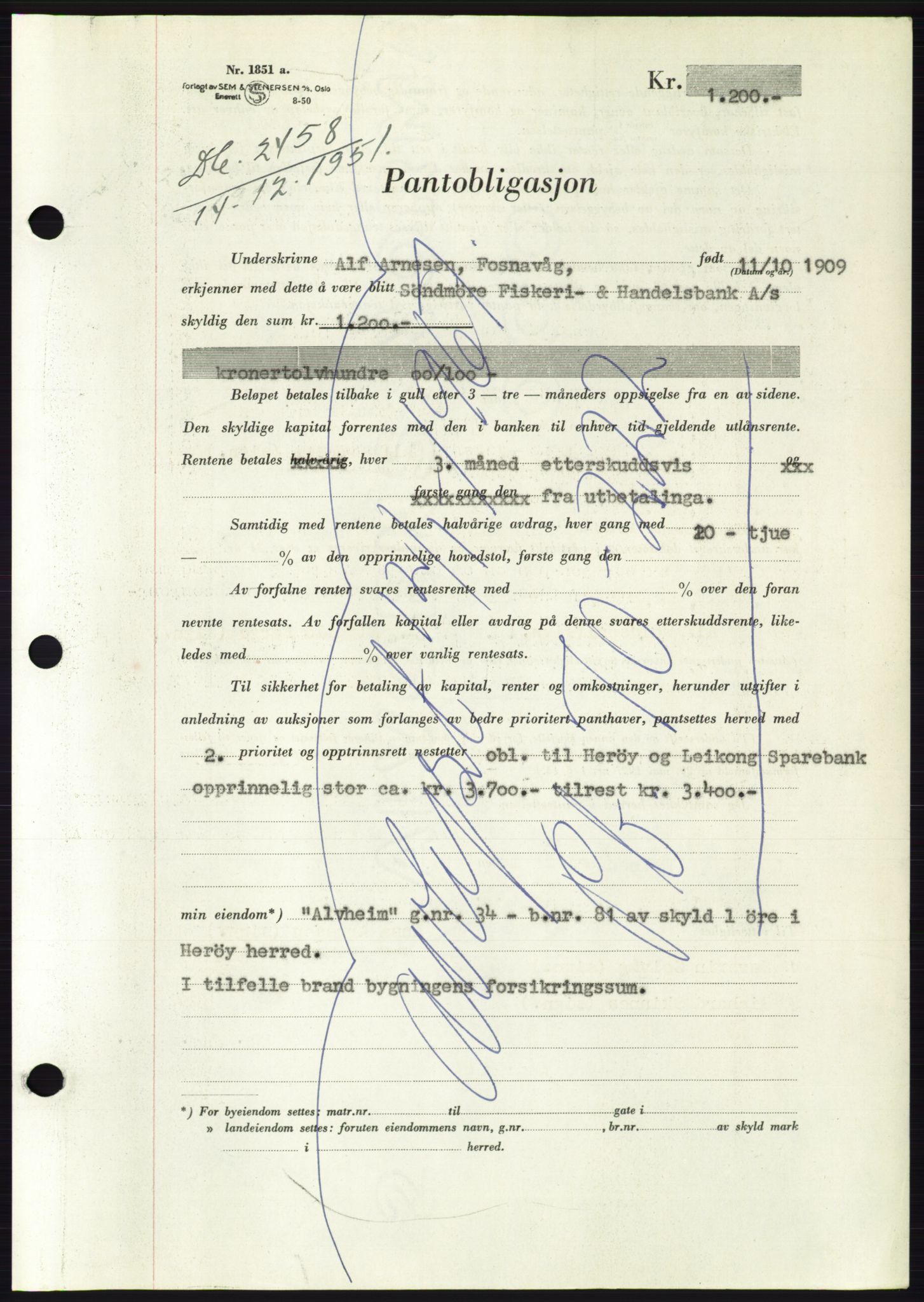 Søre Sunnmøre sorenskriveri, AV/SAT-A-4122/1/2/2C/L0121: Mortgage book no. 9B, 1951-1952, Diary no: : 2458/1951