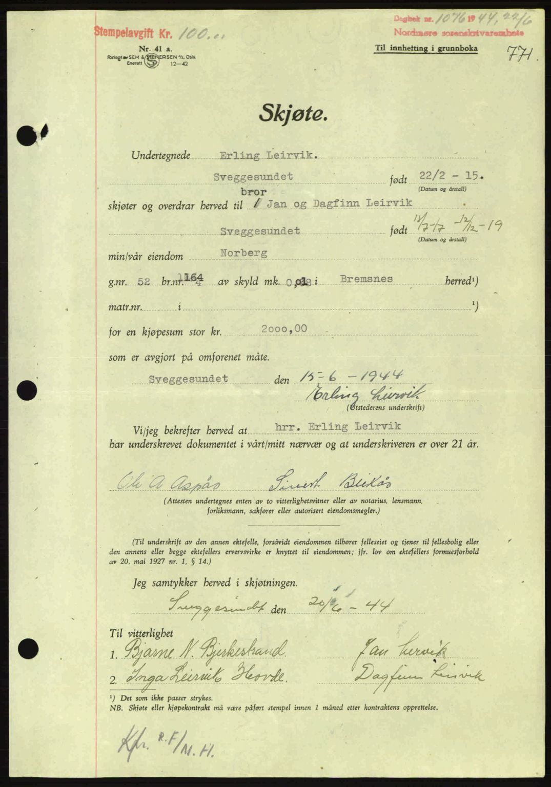 Nordmøre sorenskriveri, AV/SAT-A-4132/1/2/2Ca: Mortgage book no. A97, 1944-1944, Diary no: : 1076/1944