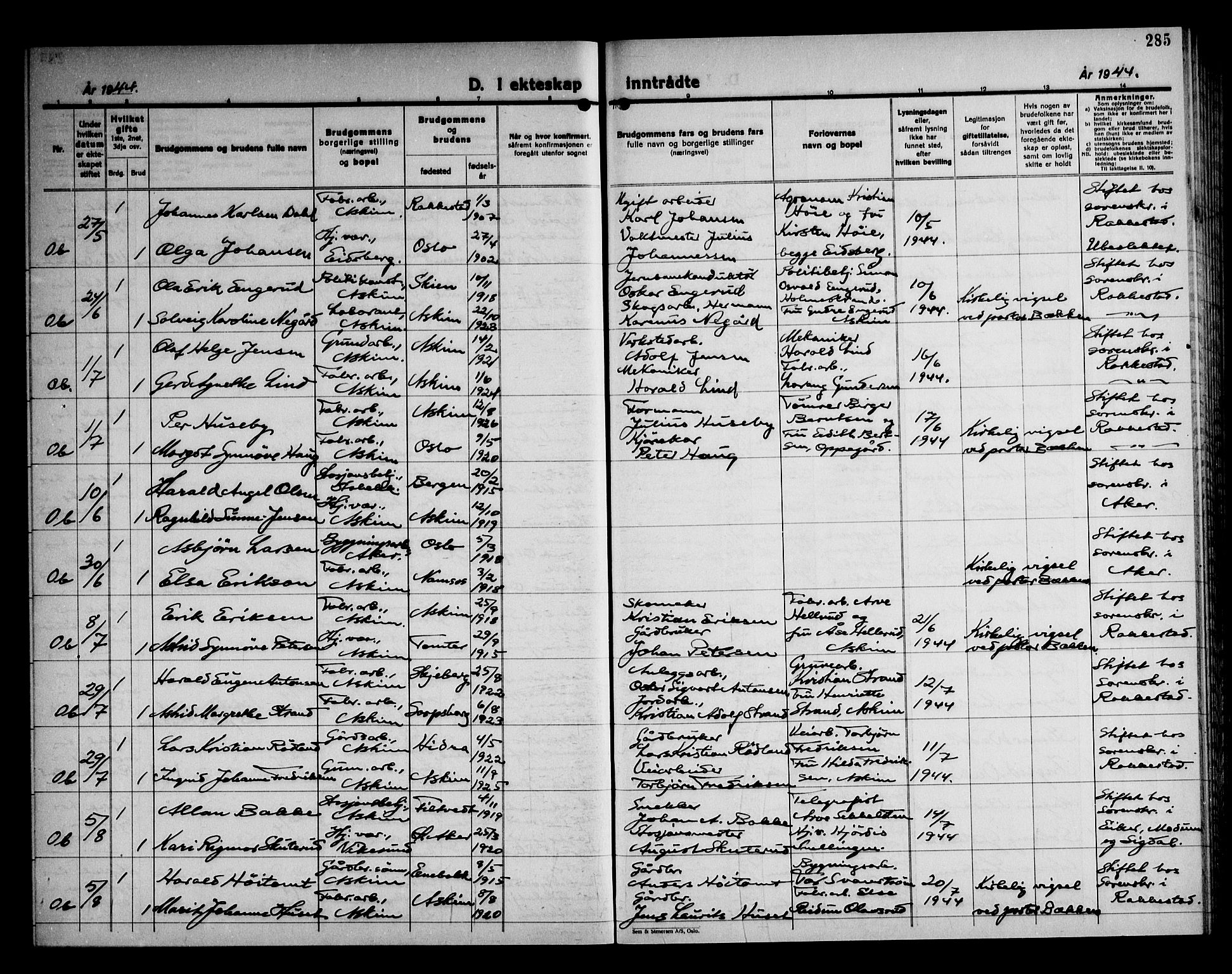 Askim prestekontor Kirkebøker, AV/SAO-A-10900/G/Ga/L0004: Parish register (copy) no. 4, 1938-1947, p. 285