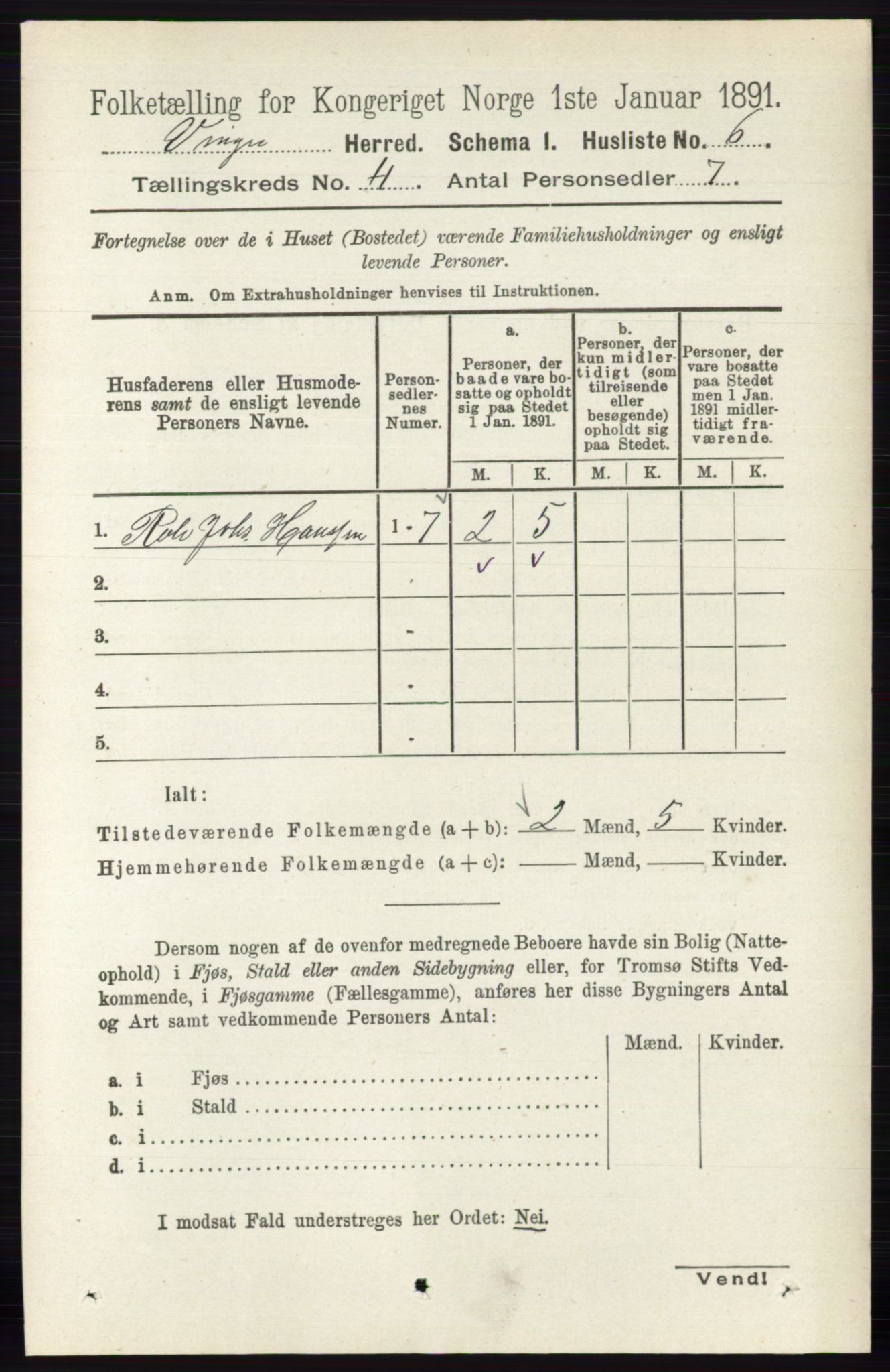 RA, 1891 census for 0421 Vinger, 1891, p. 1587