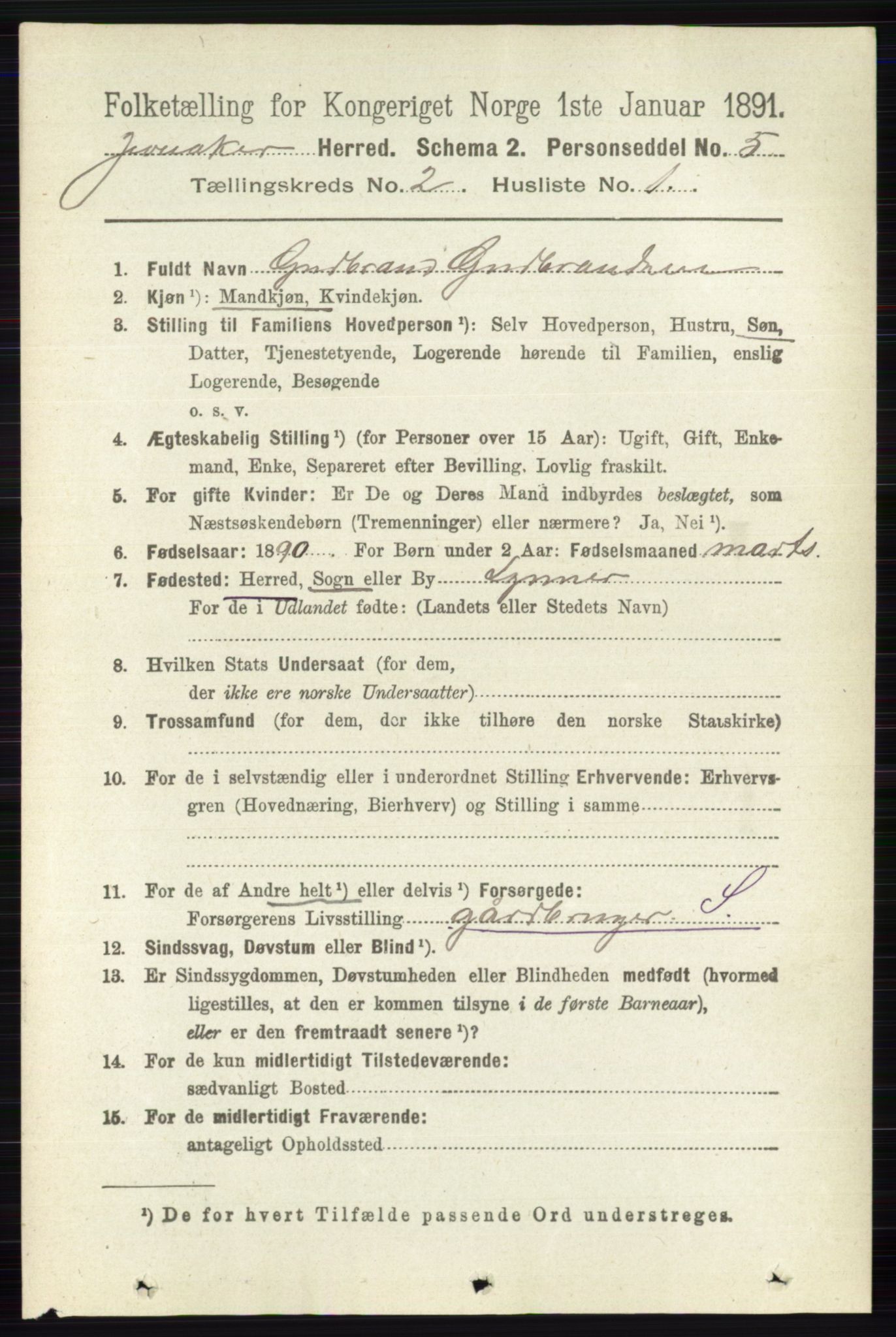 RA, 1891 census for 0532 Jevnaker, 1891, p. 637