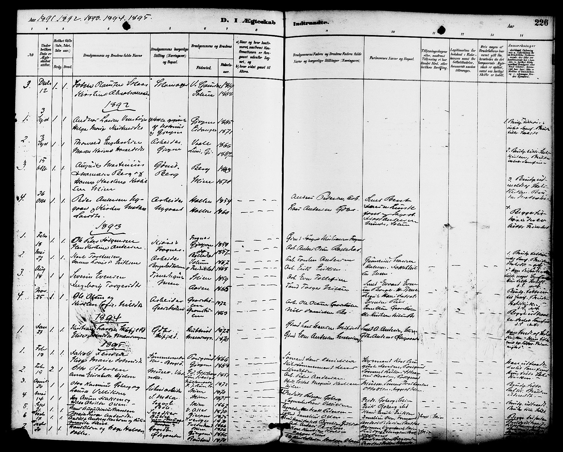 Gjerpen kirkebøker, AV/SAKO-A-265/F/Fa/L0010: Parish register (official) no. I 10, 1886-1895, p. 226