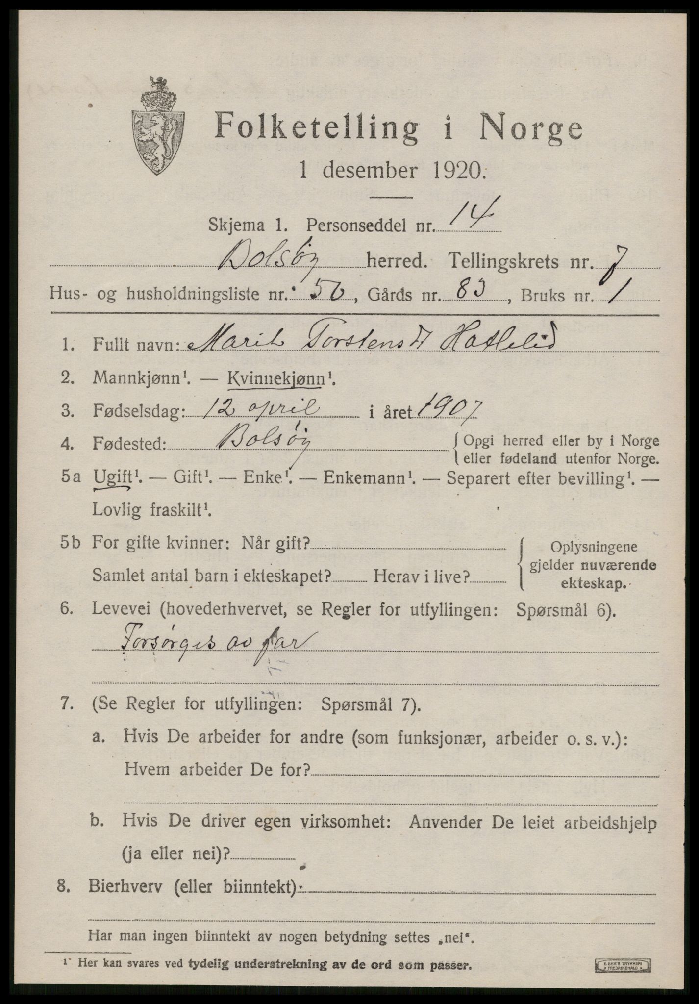 SAT, 1920 census for Bolsøy, 1920, p. 9603