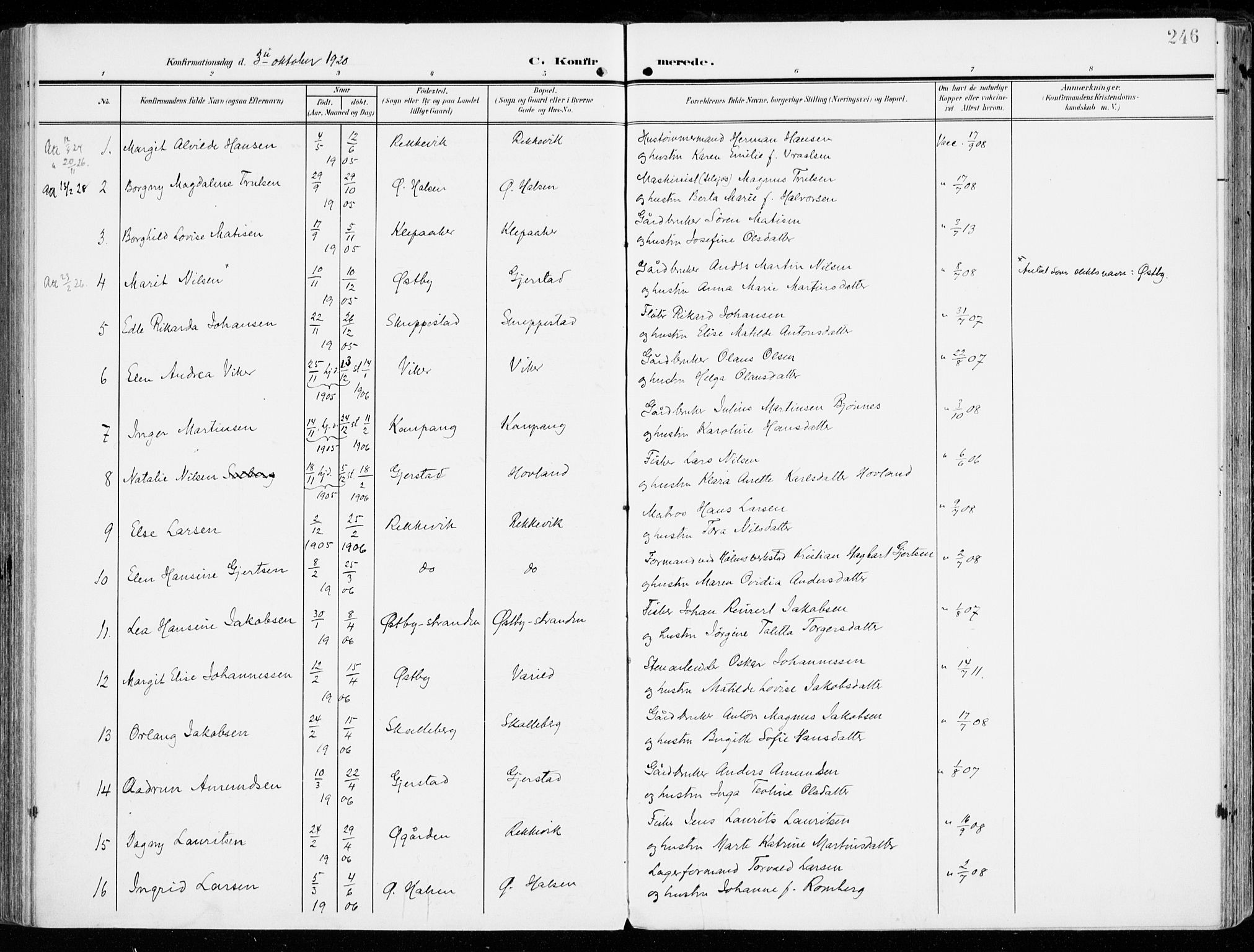 Tjølling kirkebøker, AV/SAKO-A-60/F/Fa/L0010: Parish register (official) no. 10, 1906-1923, p. 246