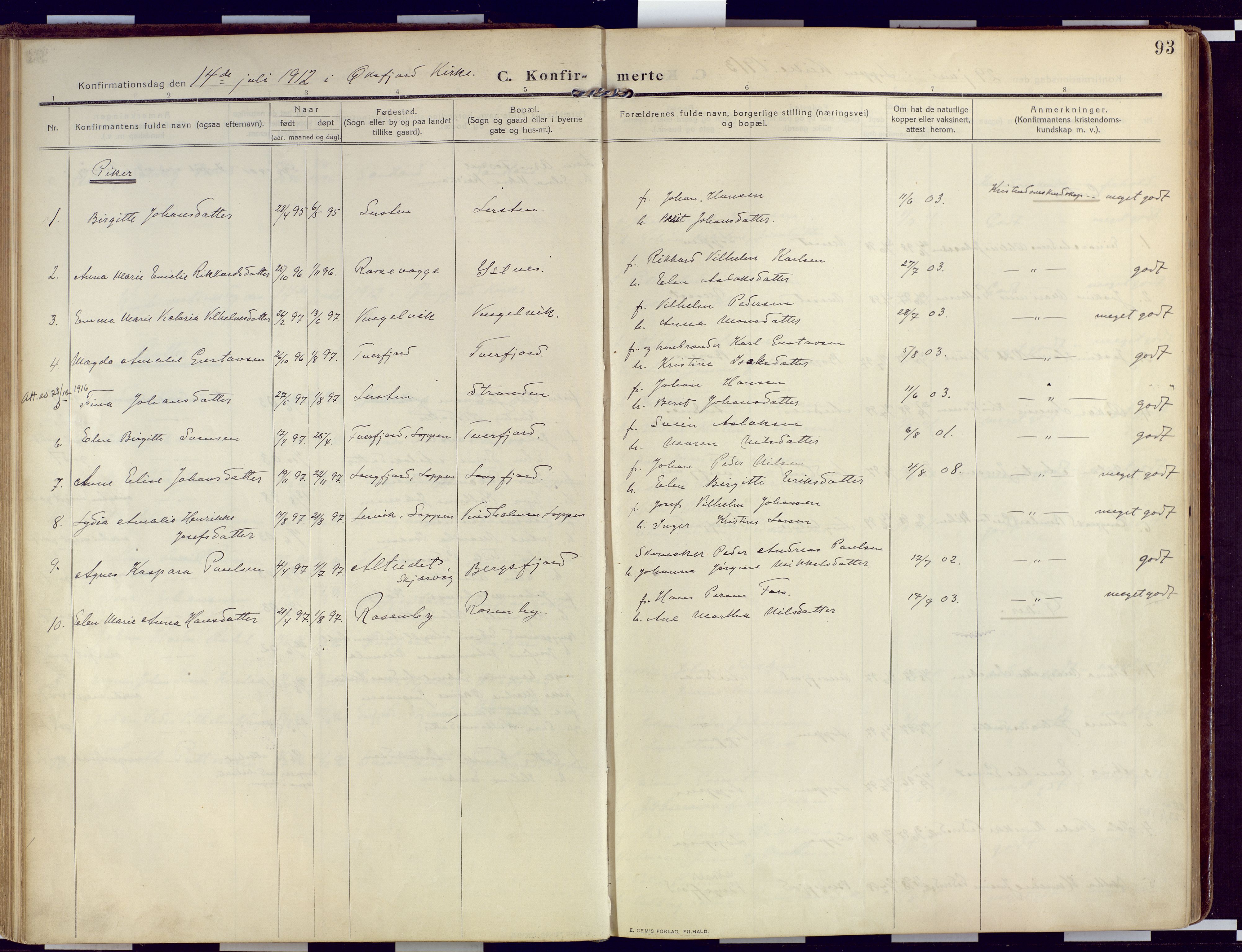 Loppa sokneprestkontor, SATØ/S-1339/H/Ha/L0011kirke: Parish register (official) no. 11, 1909-1919, p. 93