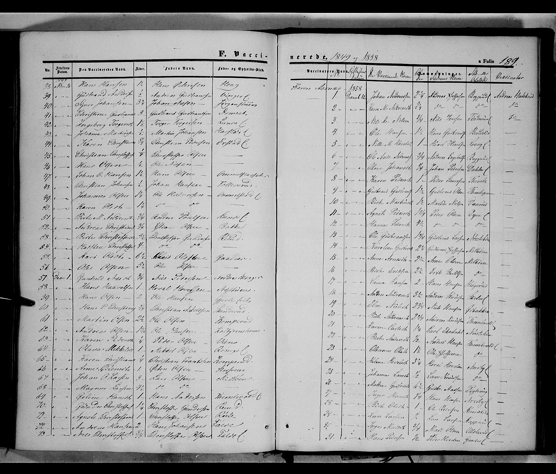 Land prestekontor, SAH/PREST-120/H/Ha/Haa/L0010: Parish register (official) no. 10, 1847-1859, p. 189