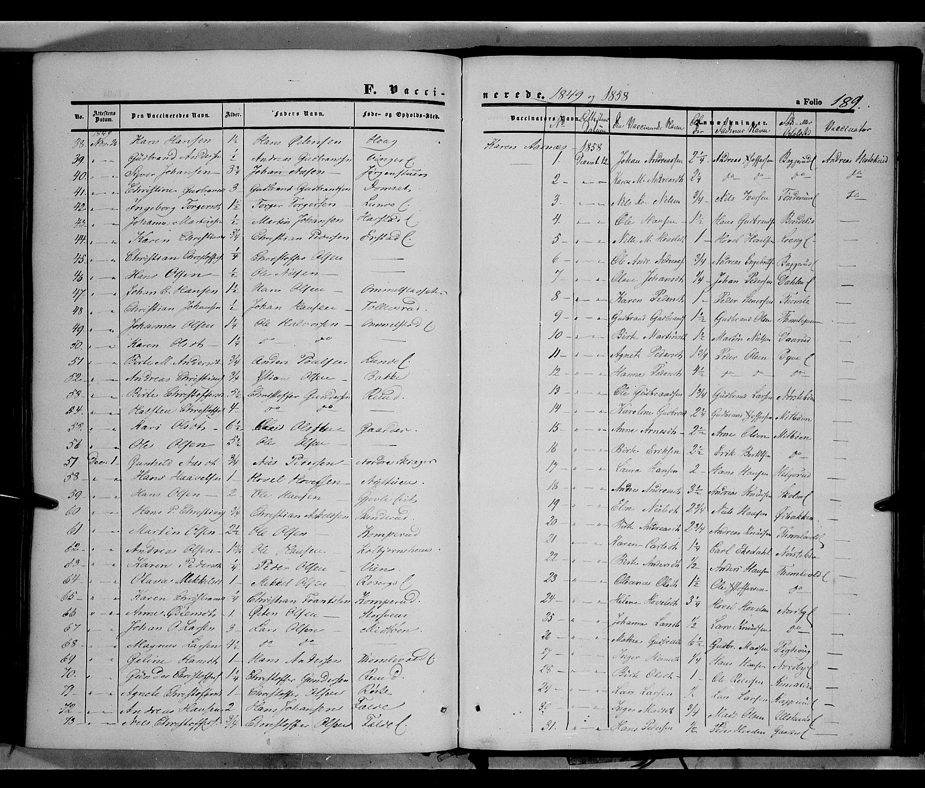 Land prestekontor, AV/SAH-PREST-120/H/Ha/Haa/L0010: Parish register (official) no. 10, 1847-1859, p. 189