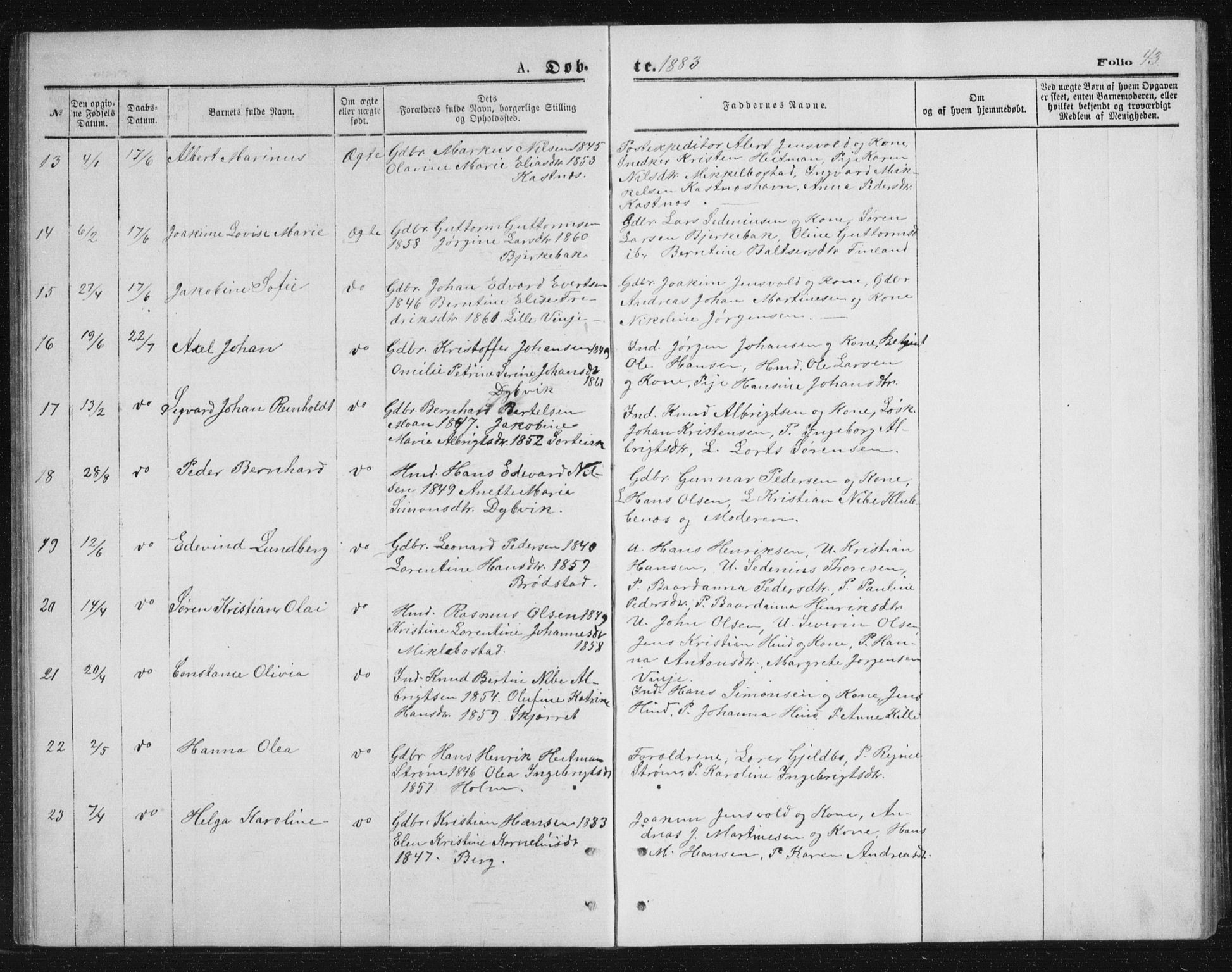 Tranøy sokneprestkontor, AV/SATØ-S-1313/I/Ia/Iab/L0013klokker: Parish register (copy) no. 13, 1874-1896, p. 43