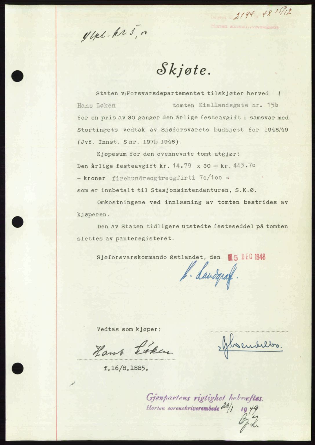 Horten sorenskriveri, AV/SAKO-A-133/G/Ga/Gaa/L0011: Mortgage book no. A-11, 1948-1948, Diary no: : 2194/1948