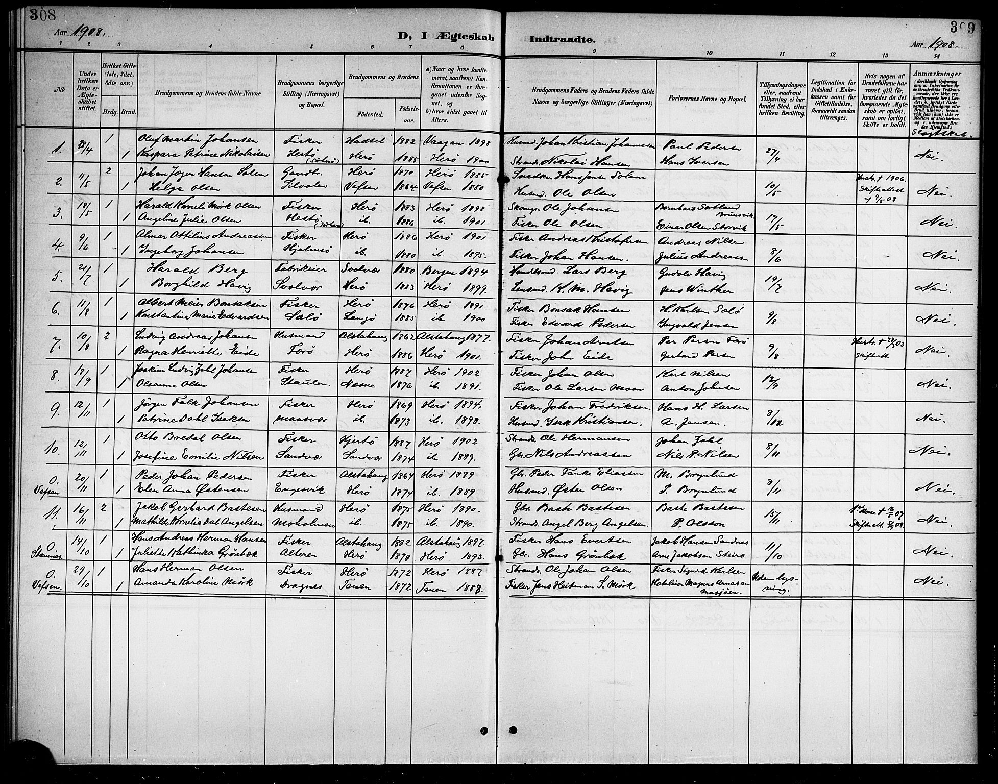 Ministerialprotokoller, klokkerbøker og fødselsregistre - Nordland, AV/SAT-A-1459/834/L0516: Parish register (copy) no. 834C06, 1902-1918, p. 308-309