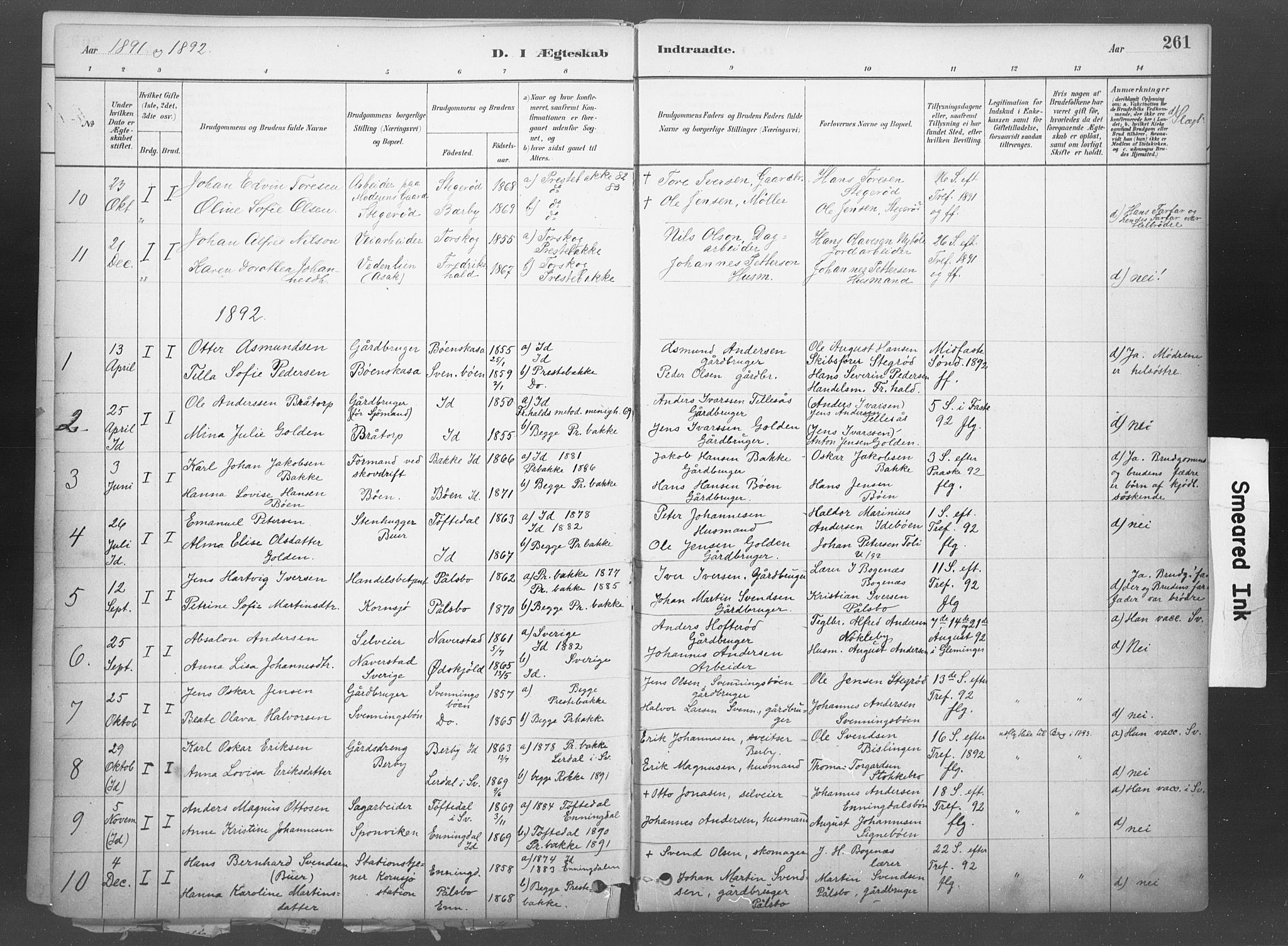 Idd prestekontor Kirkebøker, SAO/A-10911/F/Fb/L0002: Parish register (official) no. II 2, 1882-1923, p. 261
